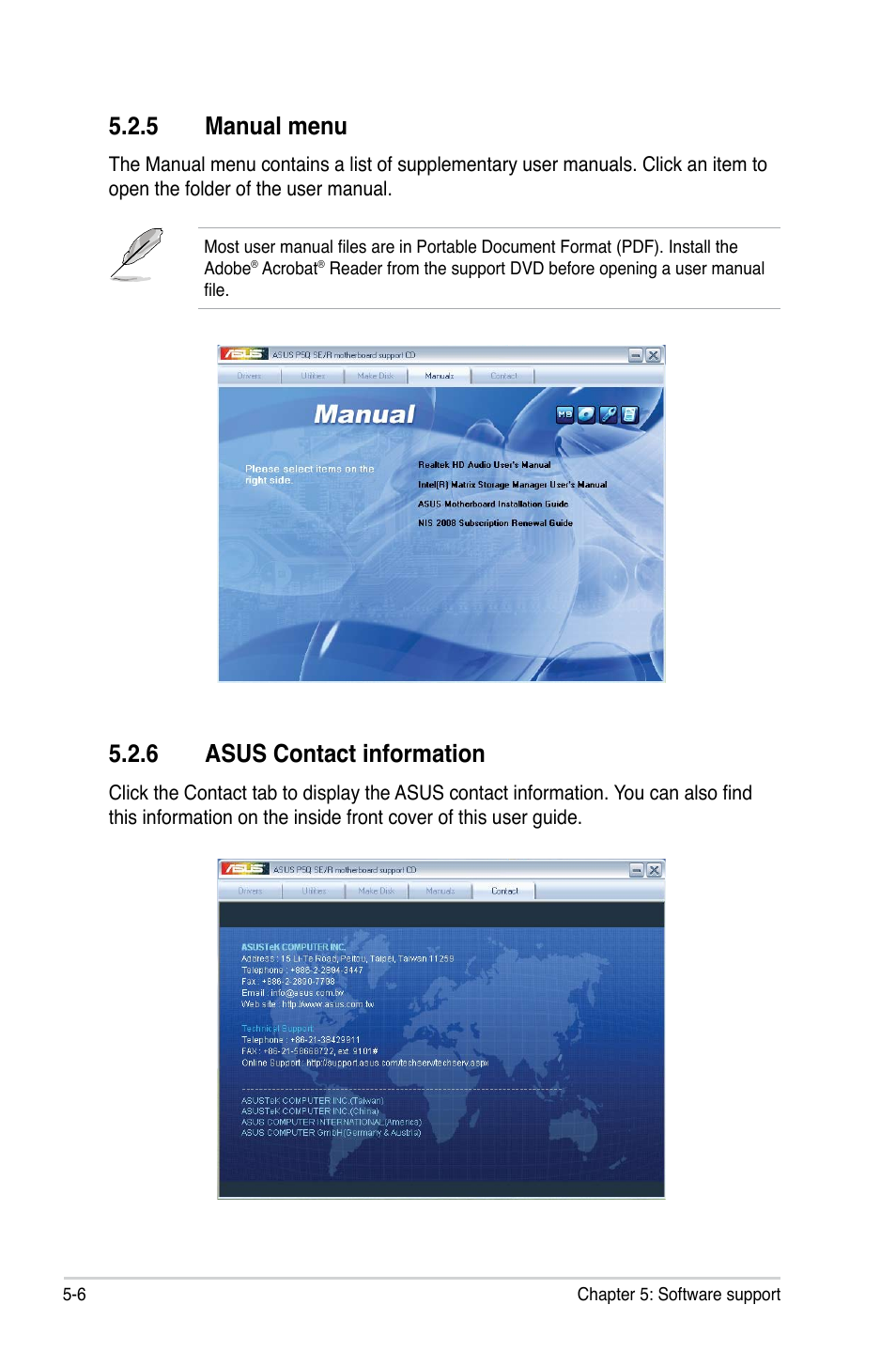 5 manual menu, 6 asus contact information, Manual menu -6 | Asus contact information -6 | Asus P5Q SE/R User Manual | Page 112 / 162