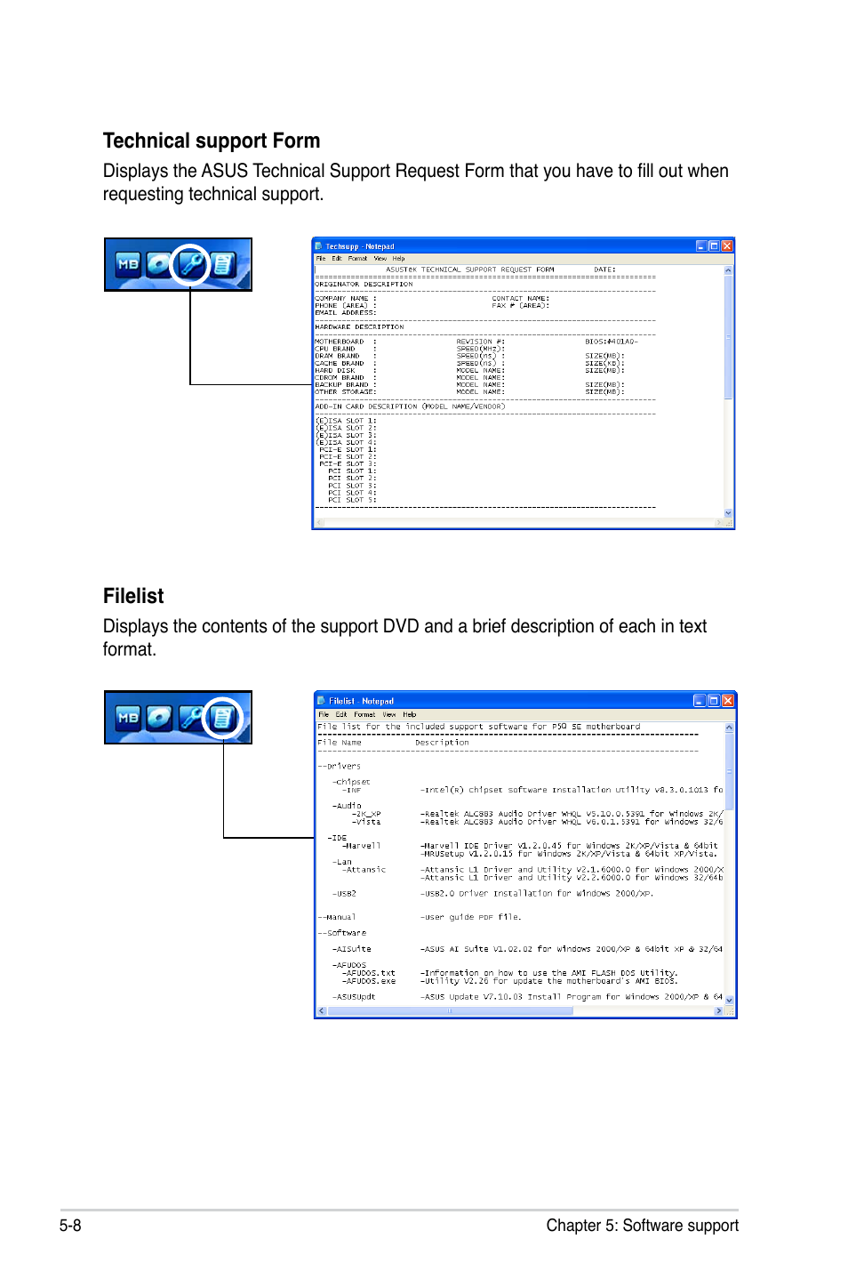 Technical support form, Filelist | Asus P5Q SE/R User Manual | Page 114 / 162