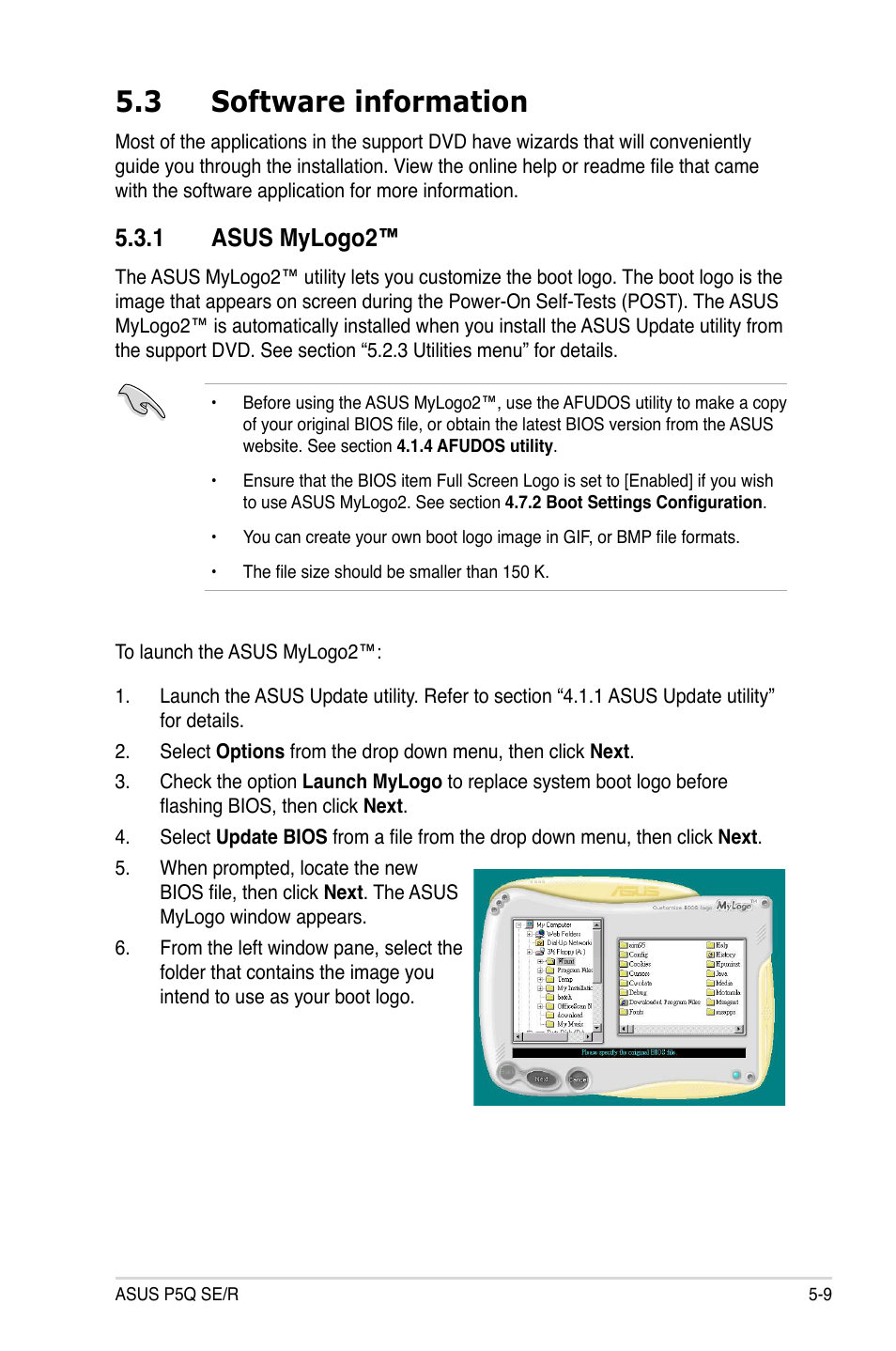 3 software information, 1 asus mylogo2, Software information -9 5.3.1 | Asus mylogo2™ -9 | Asus P5Q SE/R User Manual | Page 115 / 162