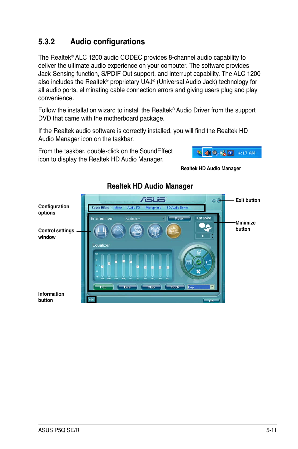 2 audio configurations, Audio configurations -11, Realtek hd audio manager | Asus P5Q SE/R User Manual | Page 117 / 162