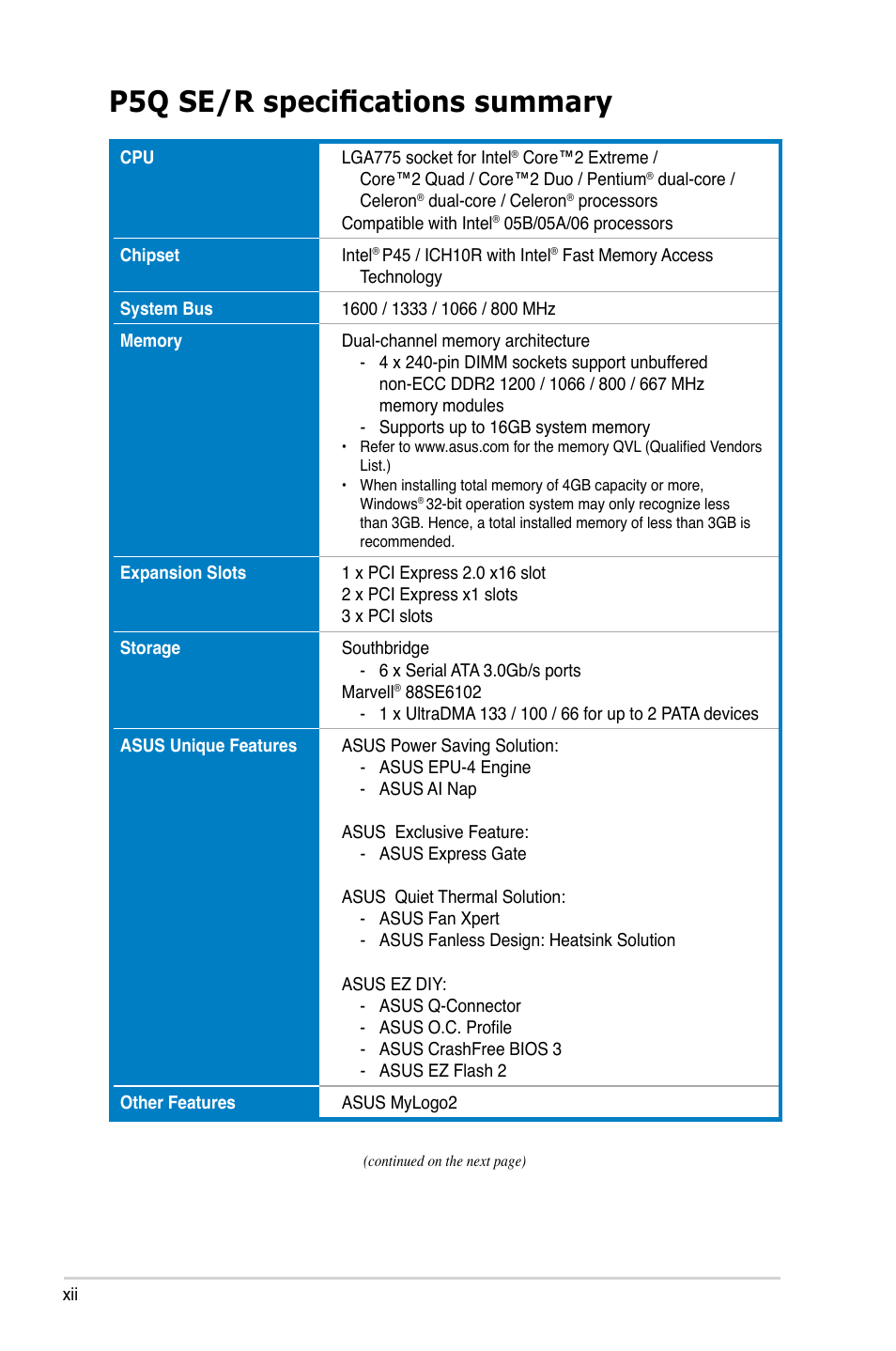 P5q se/r specifications summary | Asus P5Q SE/R User Manual | Page 12 / 162