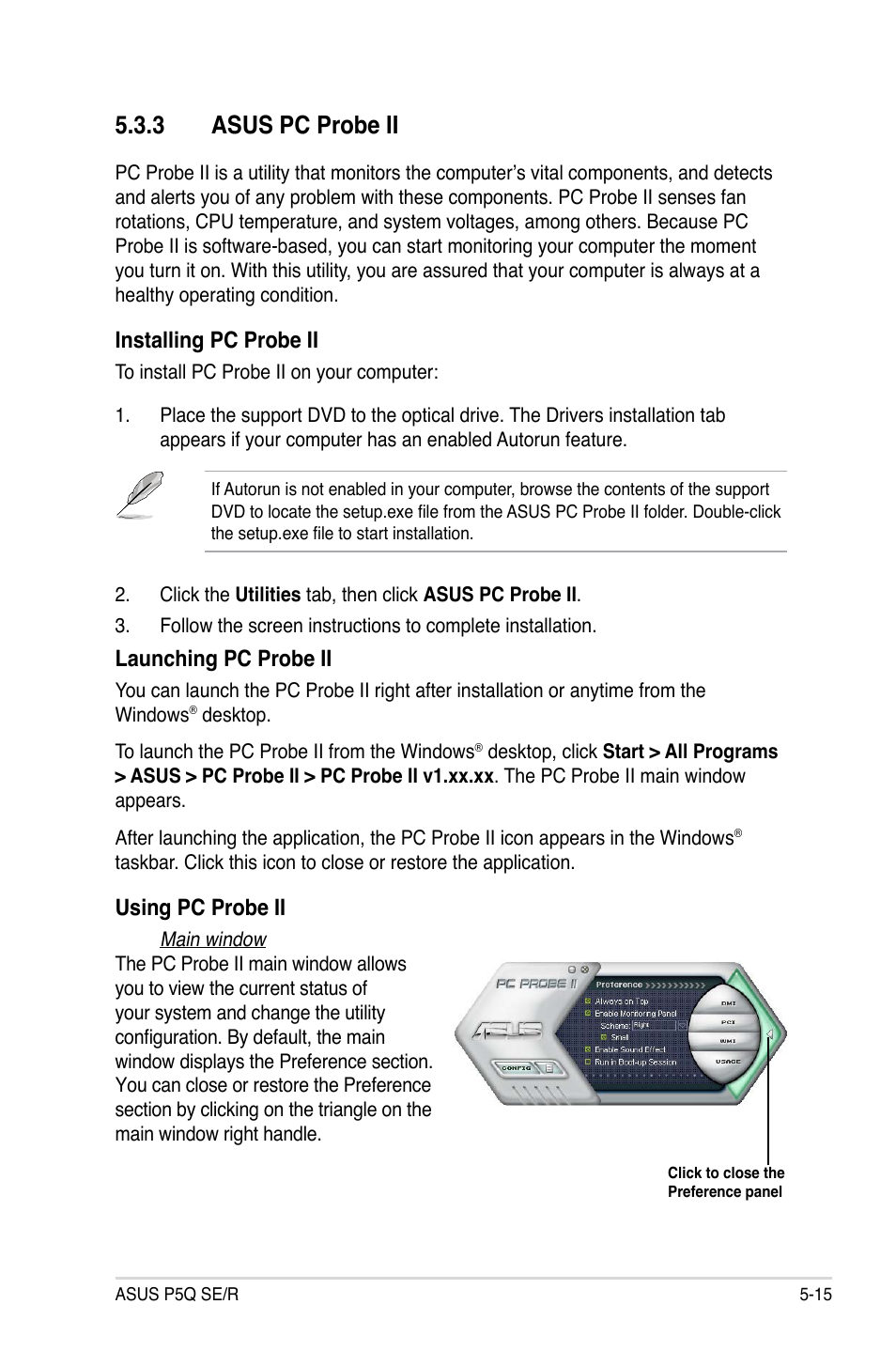 3 asus pc probe ii, Asus pc probe ii -15, Launching pc probe ii | Using pc probe ii, Installing pc probe ii | Asus P5Q SE/R User Manual | Page 121 / 162