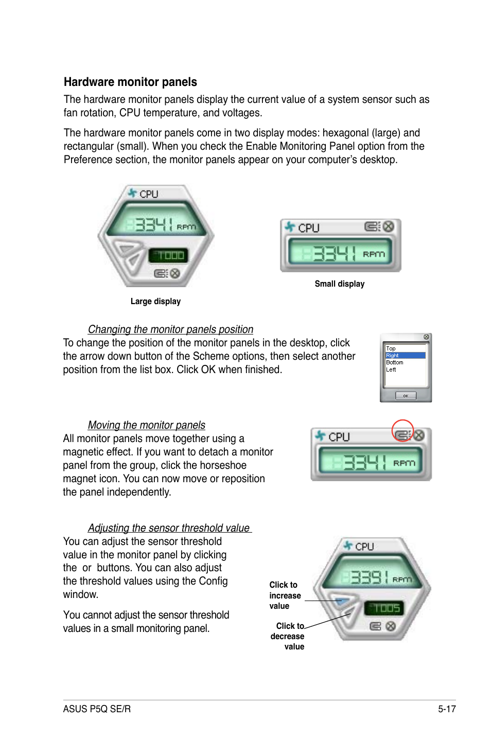 Hardware monitor panels | Asus P5Q SE/R User Manual | Page 123 / 162