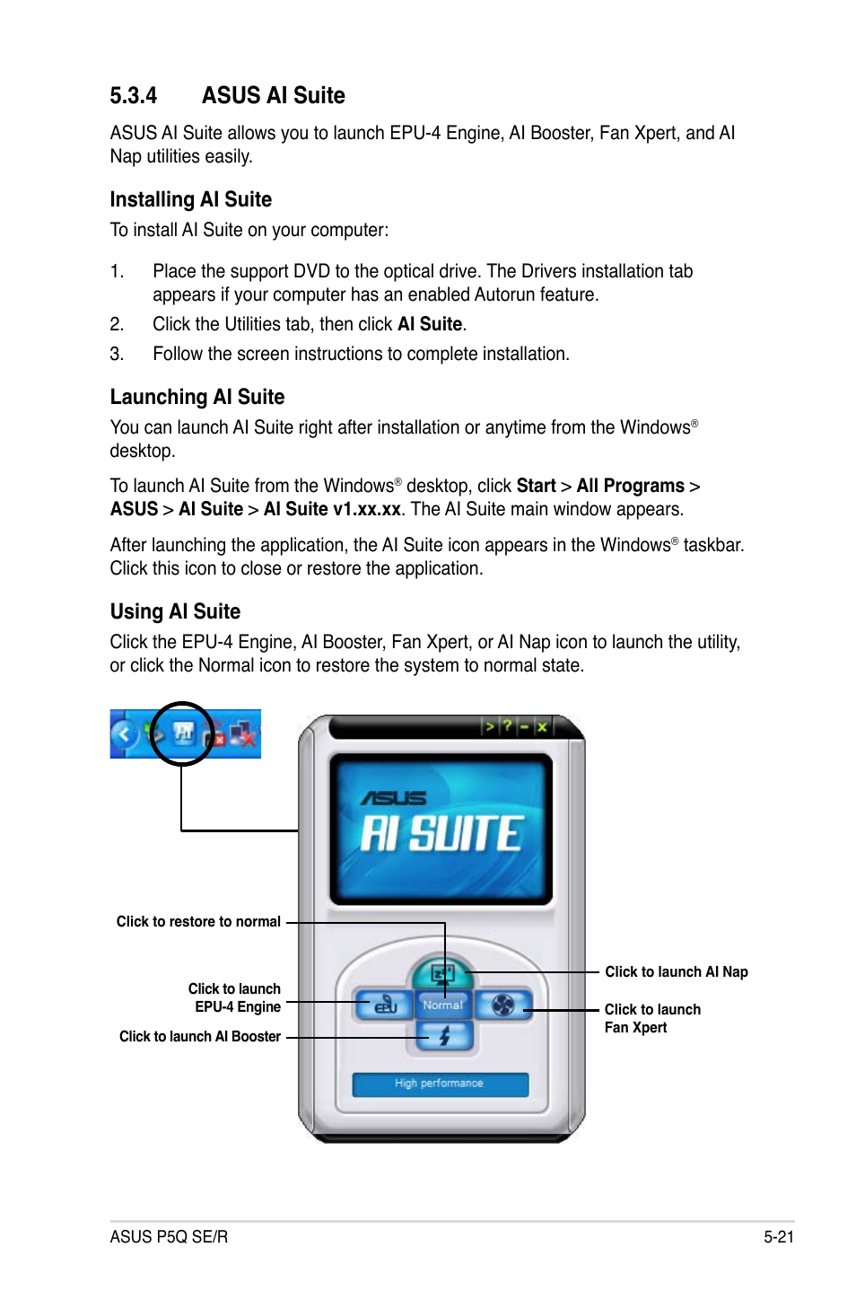 4 asus ai suite, 4 asus ai suite -21, Installing ai suite | Launching ai suite, Using ai suite | Asus P5Q SE/R User Manual | Page 127 / 162