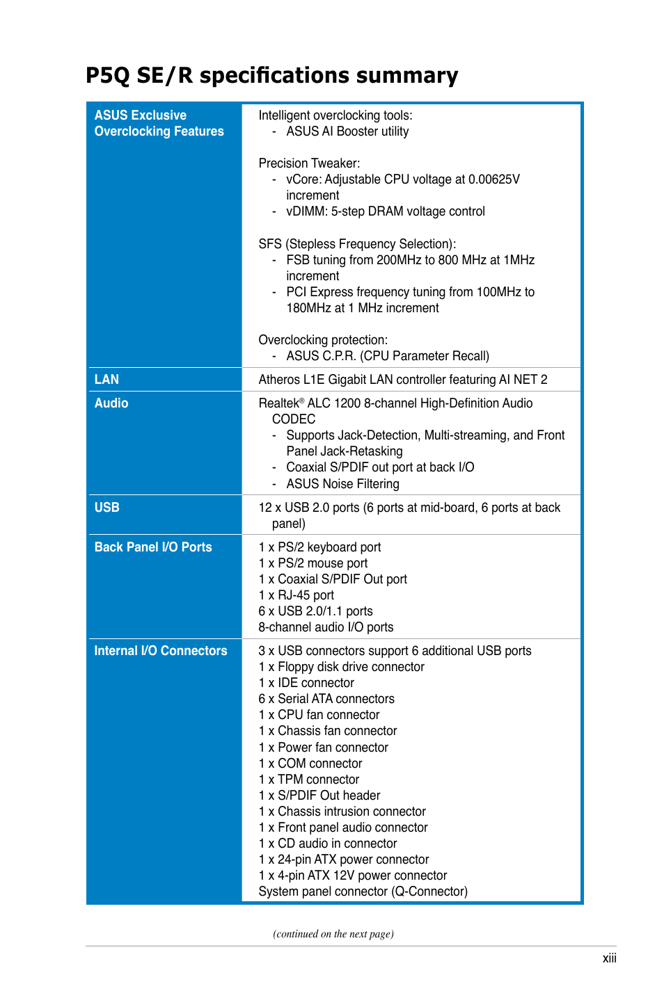 P5q se/r specifications summary | Asus P5Q SE/R User Manual | Page 13 / 162