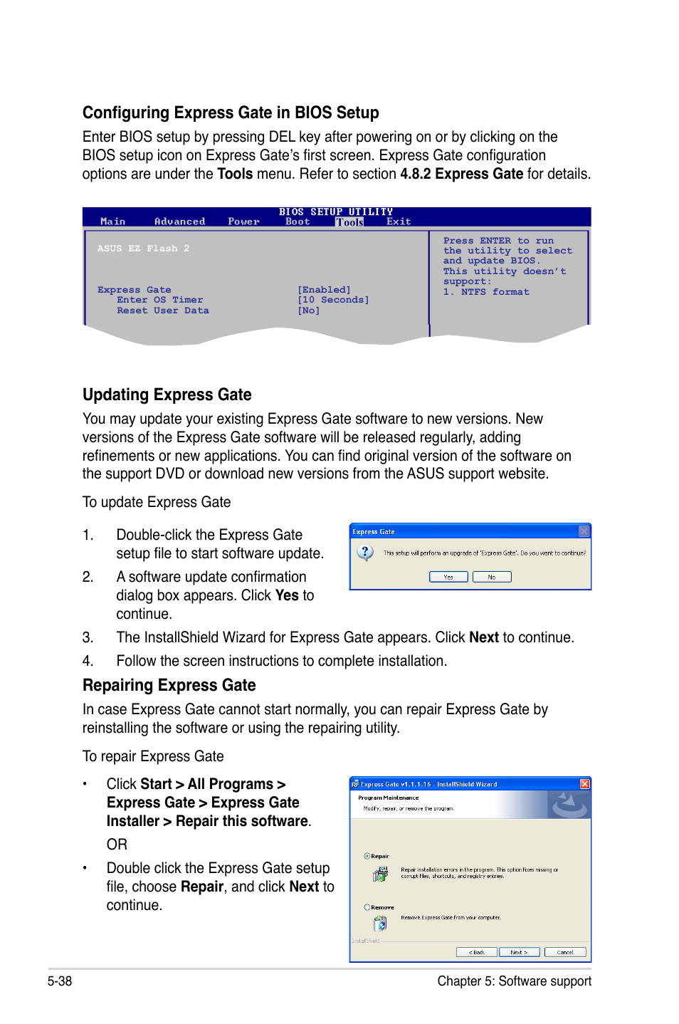 Configuring express gate in bios setup, Updating express gate, Repairing express gate | Asus P5Q SE/R User Manual | Page 144 / 162