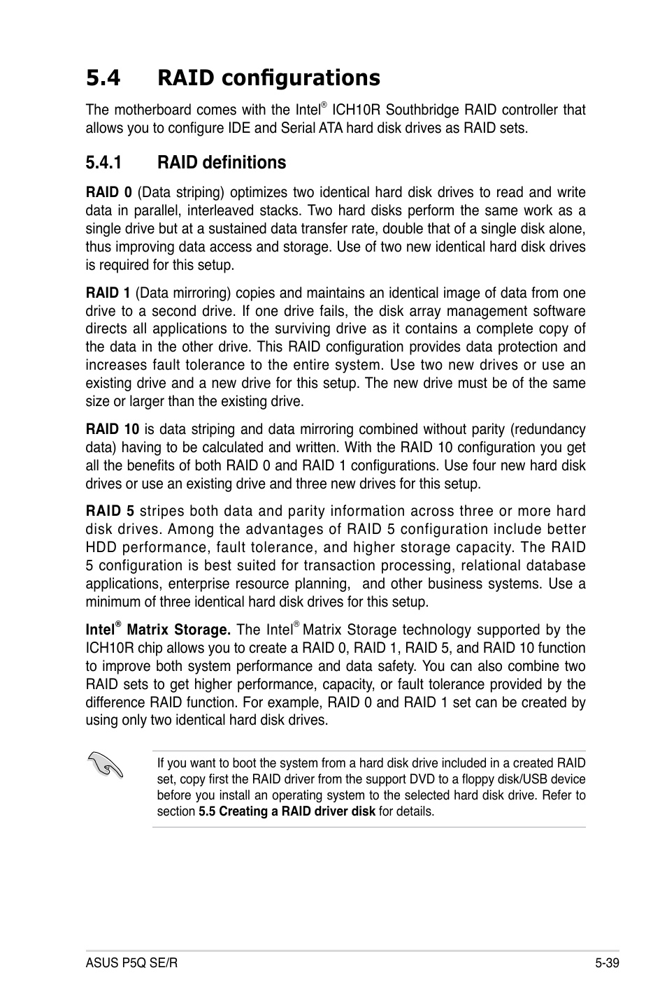4 raid configurations, 1 raid definitions, Raid configurations -39 5.4.1 | Raid definitions -39 | Asus P5Q SE/R User Manual | Page 145 / 162