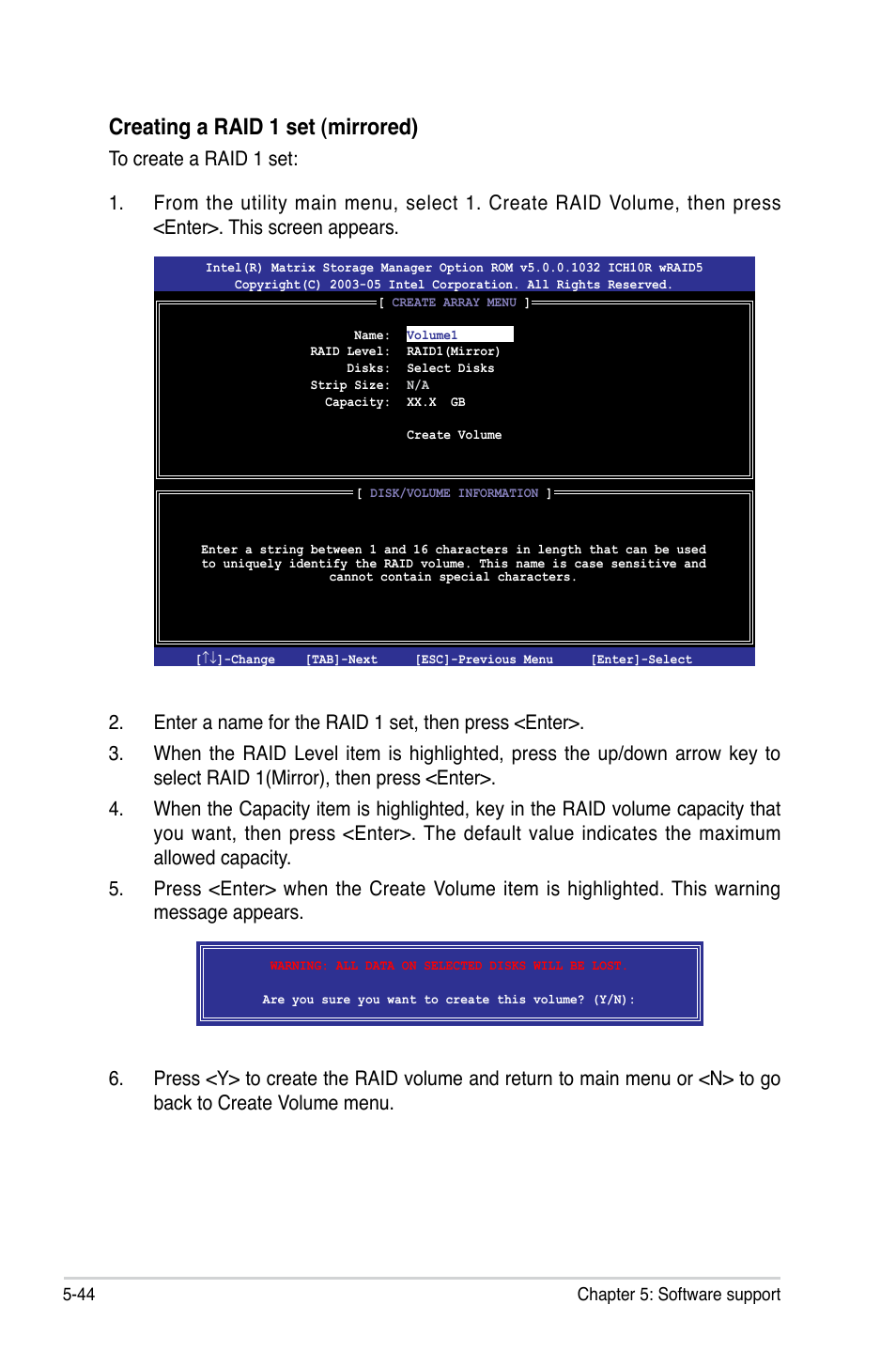 Creating a raid 1 set (mirrored) | Asus P5Q SE/R User Manual | Page 150 / 162
