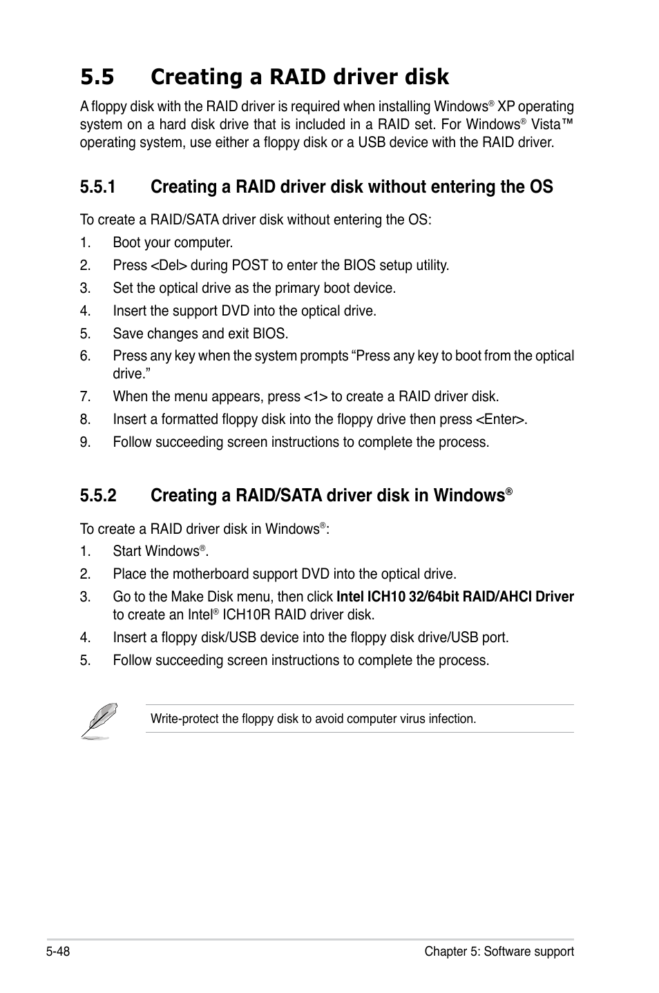 5 creating a raid driver disk, 2 creating a raid/sata driver disk in windows, Creating a raid driver disk -48 5.5.1 | Creating a raid/sata driver disk in windows | Asus P5Q SE/R User Manual | Page 154 / 162