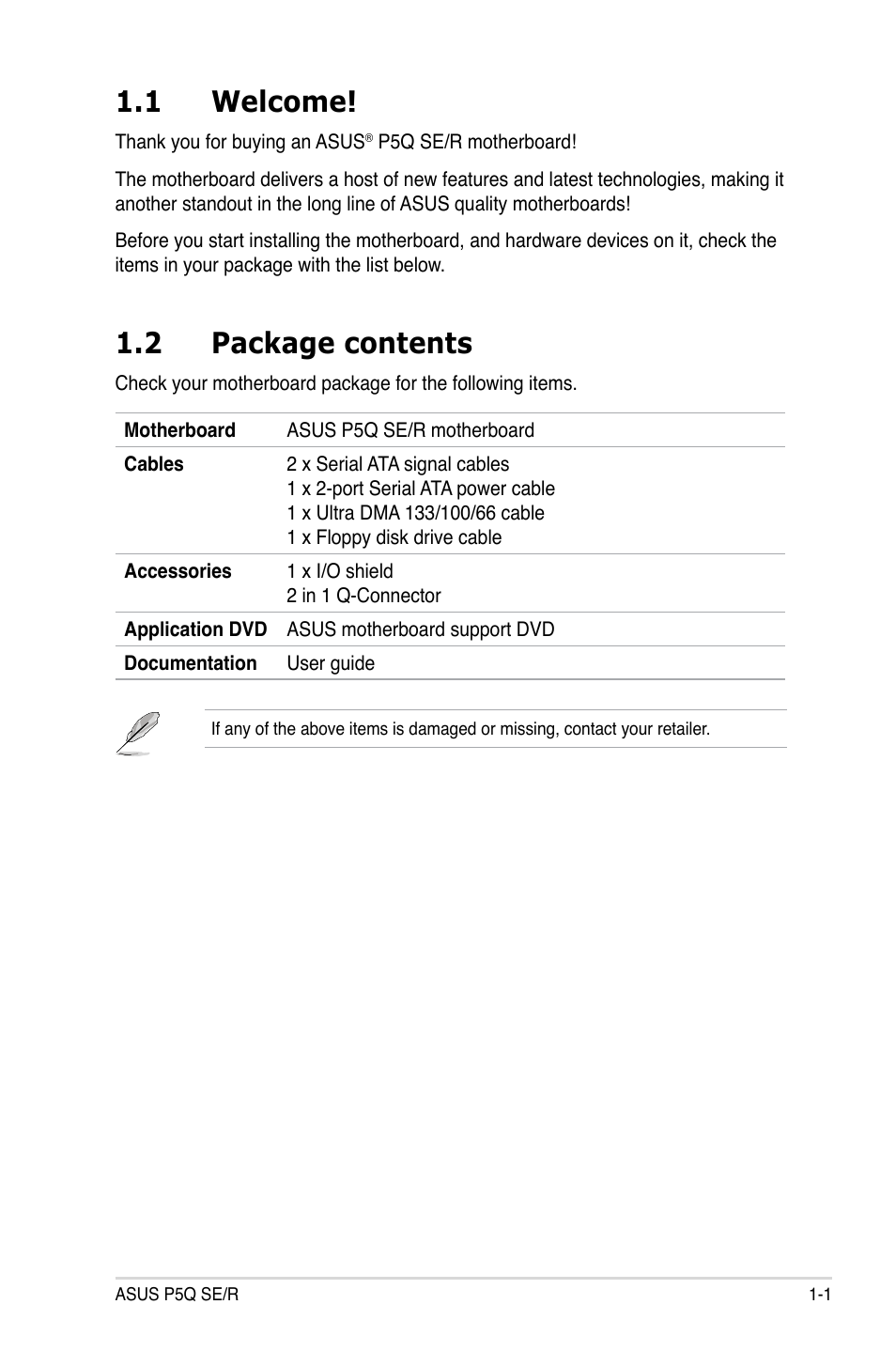 1 welcome, 2 package contents | Asus P5Q SE/R User Manual | Page 17 / 162