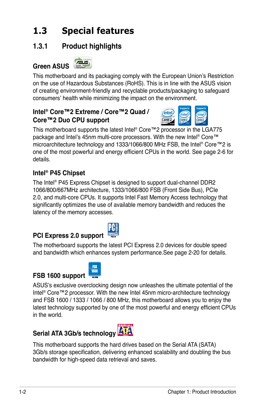 3 special features, 1 product highlights | Asus P5Q SE/R User Manual | Page 18 / 162
