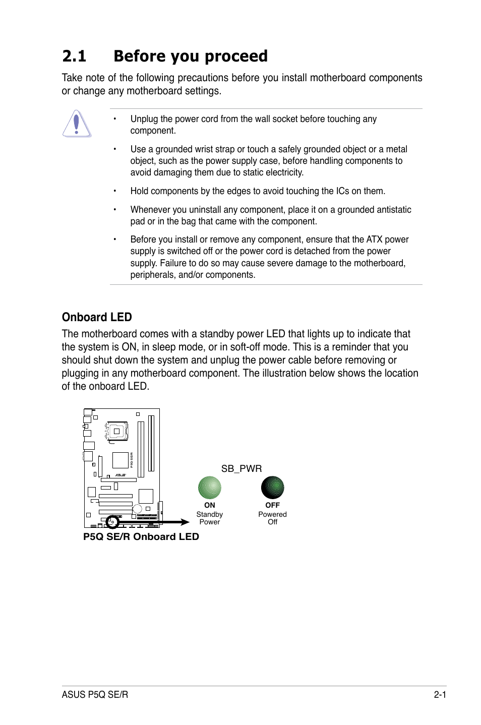 1 before you proceed, Onboard led | Asus P5Q SE/R User Manual | Page 25 / 162