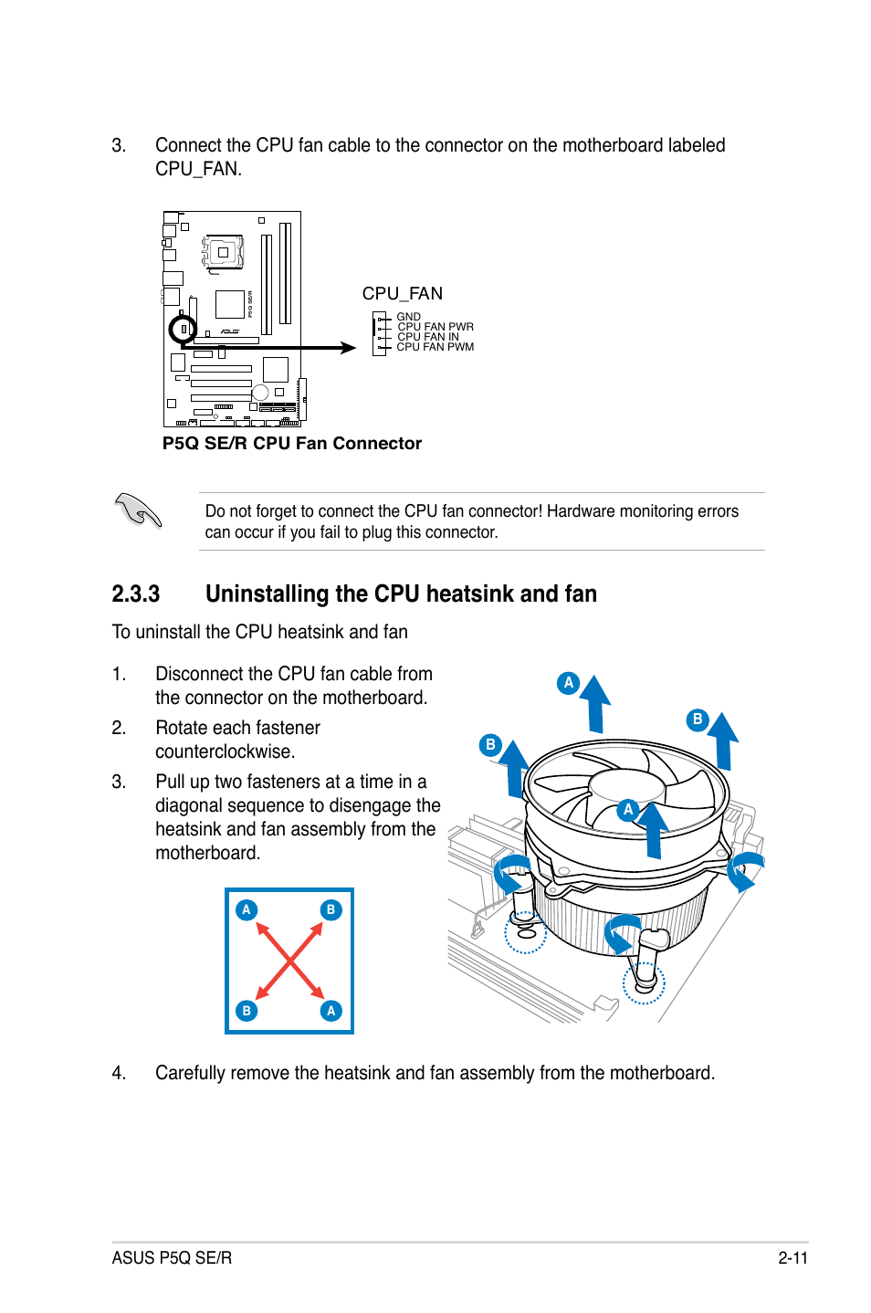 3 uninstalling the cpu heatsink and fan | Asus P5Q SE/R User Manual | Page 35 / 162