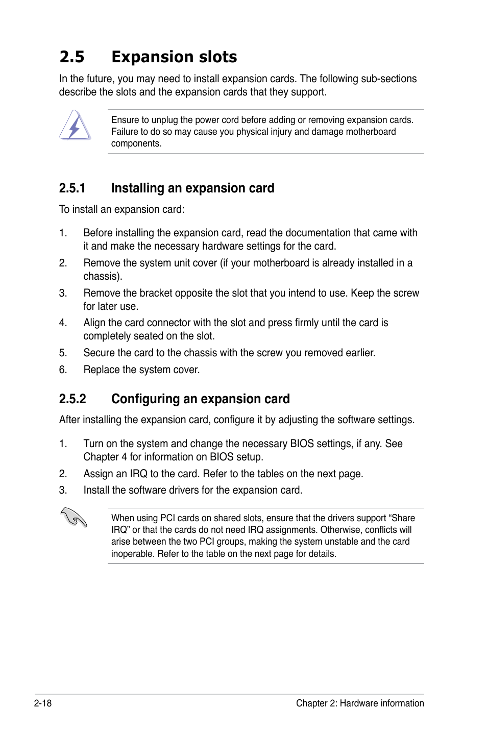 5 expansion slots, 1 installing an expansion card, 2 configuring an expansion card | Asus P5Q SE/R User Manual | Page 42 / 162