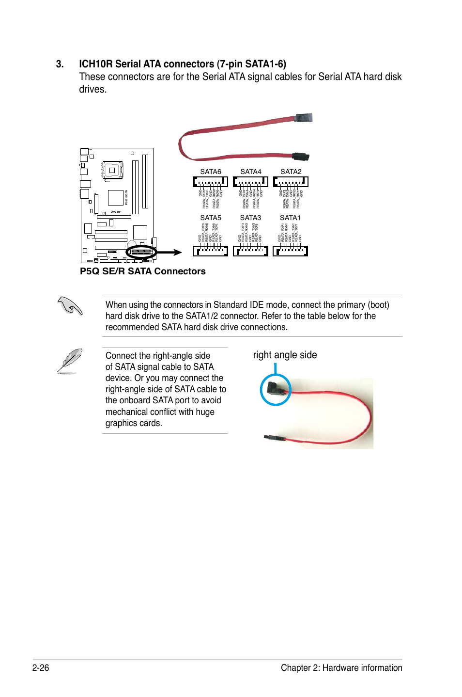 Right angle side, 26 chapter 2: hardware information, P5q se/r sata connectors | Sata6, Sata5, Sata3, Sata1, Sata4, Sata2 | Asus P5Q SE/R User Manual | Page 50 / 162