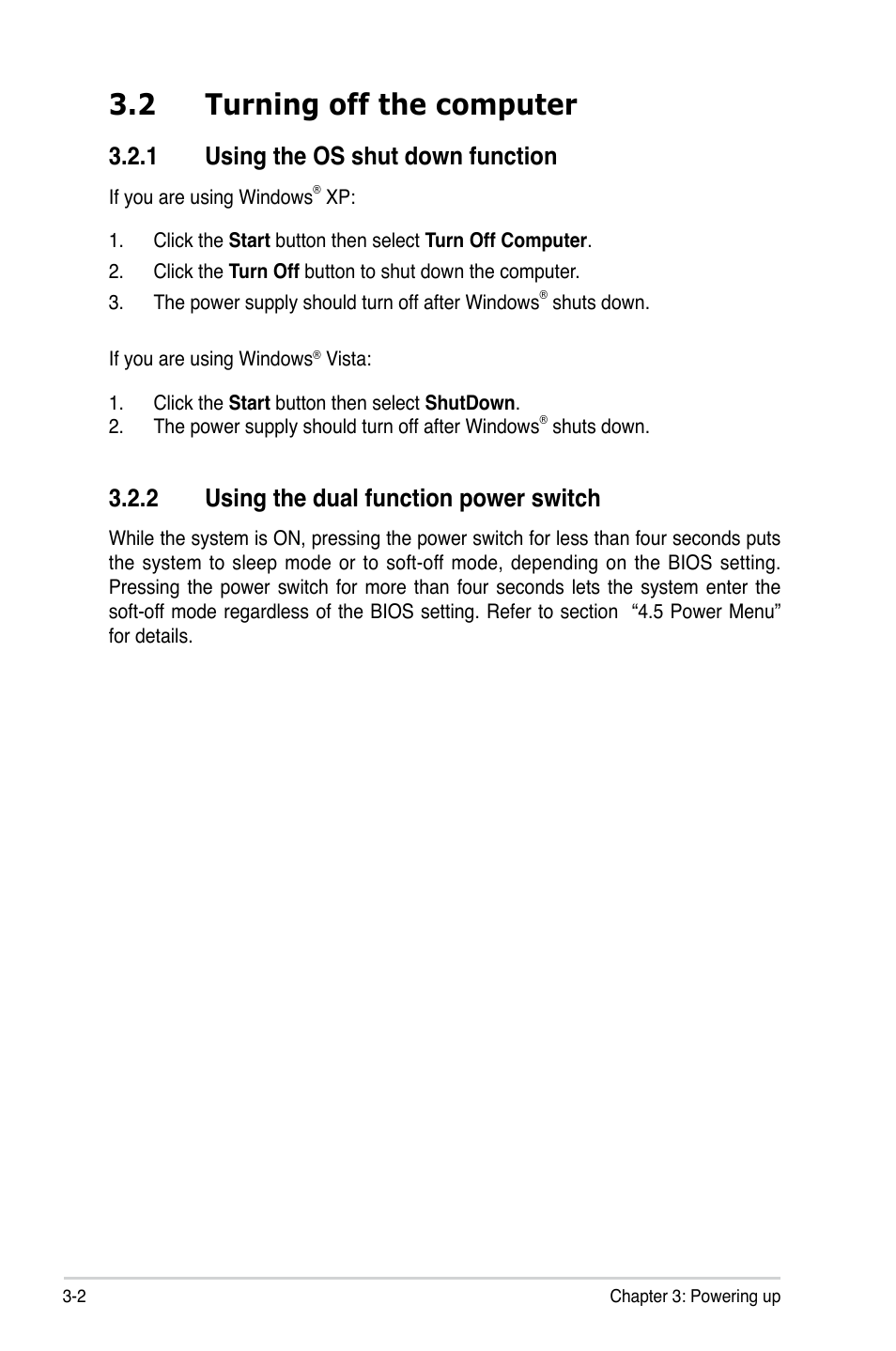 2 turning off the computer, 1 using the os shut down function, 2 using the dual function power switch | Asus P5Q SE/R User Manual | Page 62 / 162