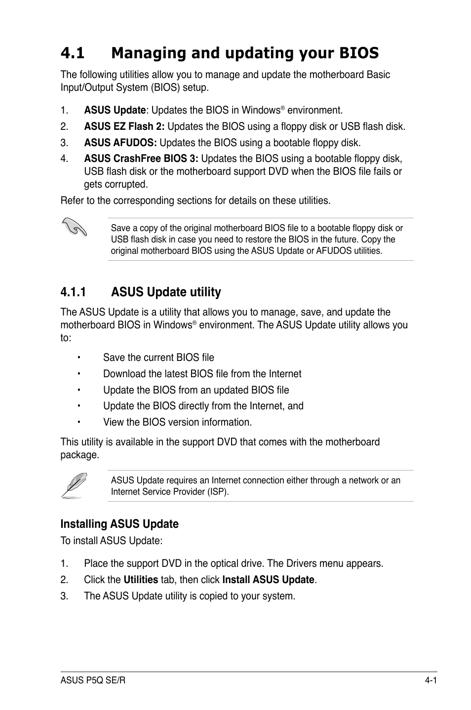 1 managing and updating your bios, 1 asus update utility | Asus P5Q SE/R User Manual | Page 65 / 162