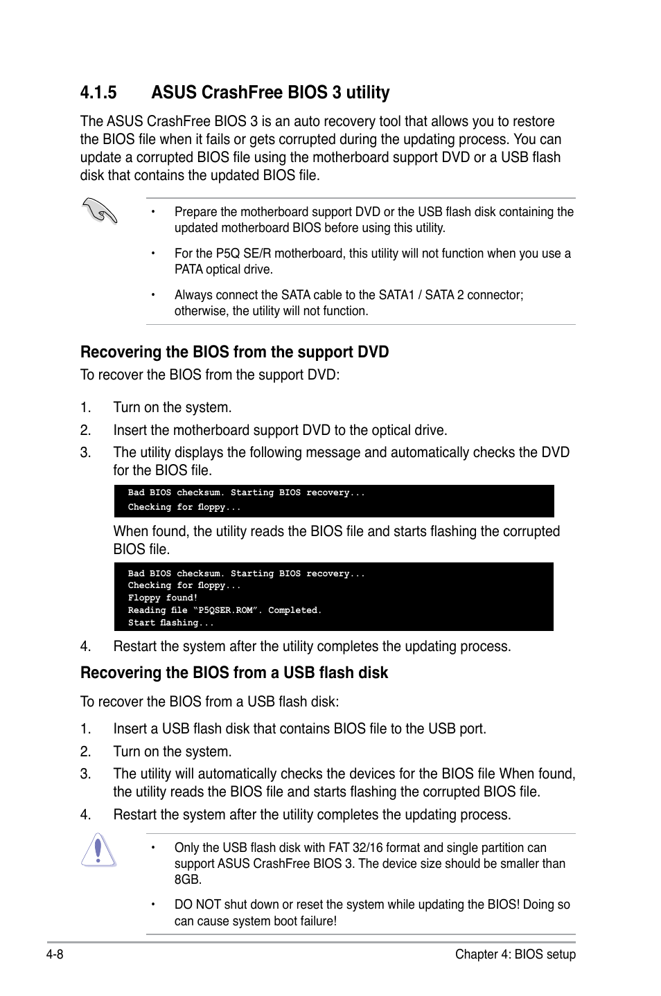 5 asus crashfree bios 3 utility, Recovering the bios from the support dvd, Recovering the bios from a usb flash disk | Asus P5Q SE/R User Manual | Page 72 / 162