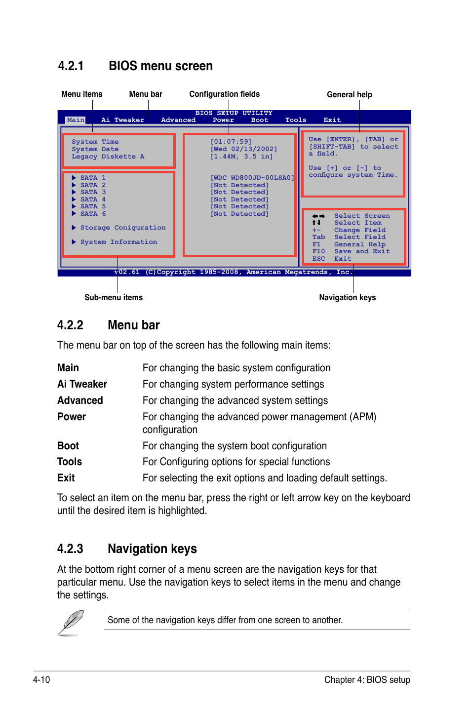 1 bios menu screen, 2 menu bar, 3 navigation keys | Asus P5Q SE/R User Manual | Page 74 / 162