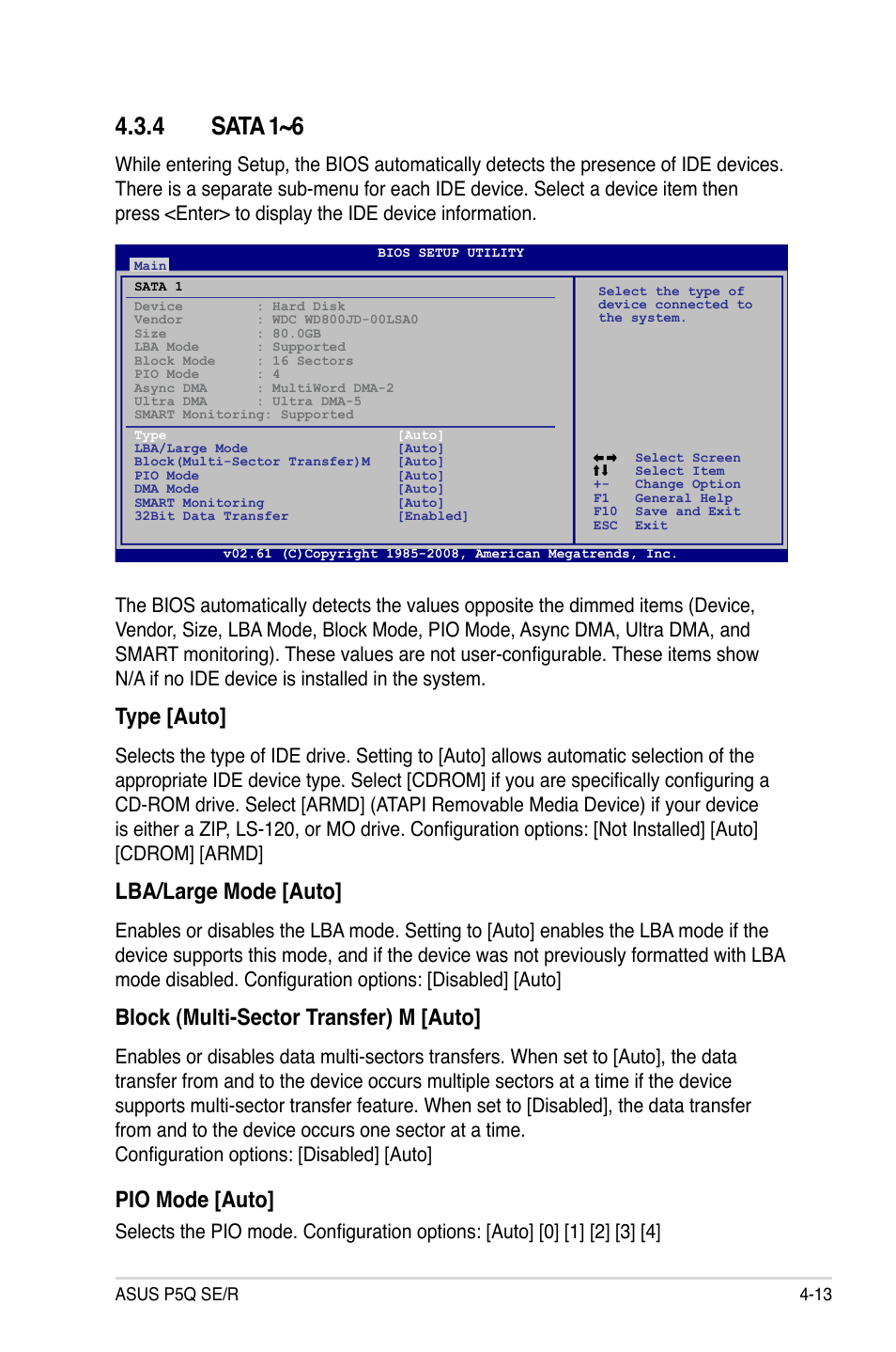 4 sata 1~6, Type [auto, Lba/large mode [auto | Block (multi-sector transfer) m [auto, Pio mode [auto | Asus P5Q SE/R User Manual | Page 77 / 162