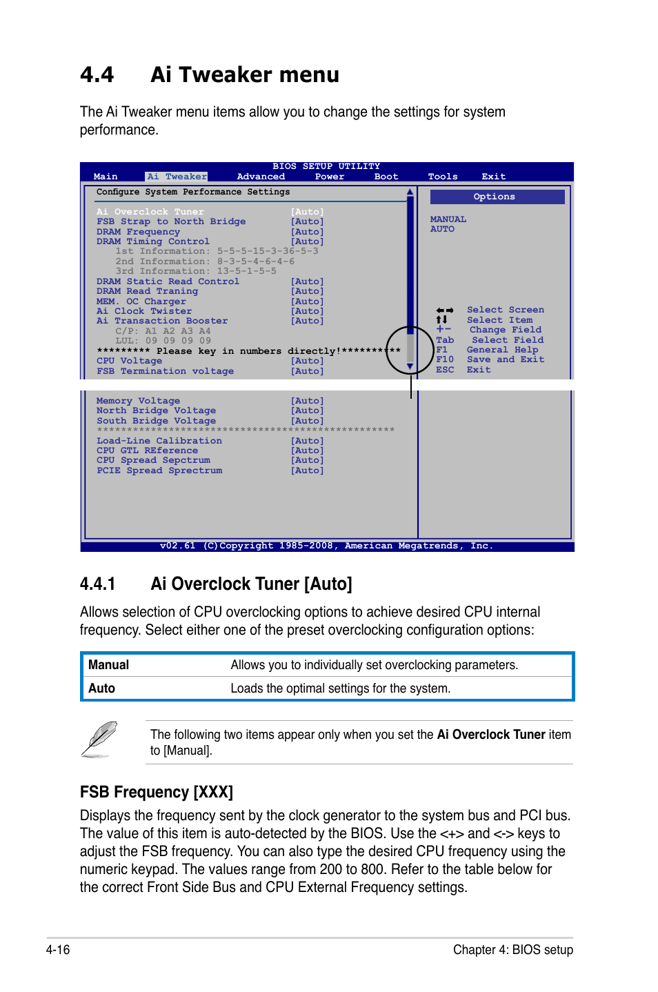 4 ai tweaker menu, 1 ai overclock tuner [auto, Fsb frequency [xxx | Asus P5Q SE/R User Manual | Page 80 / 162