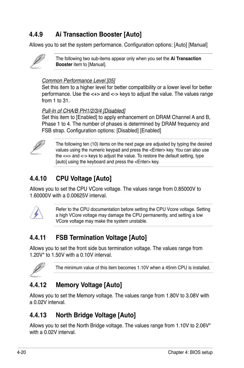 9 ai transaction booster [auto, 10 cpu voltage [auto, 11 fsb termination voltage [auto | 12 memory voltage [auto, 13 north bridge voltage [auto | Asus P5Q SE/R User Manual | Page 84 / 162