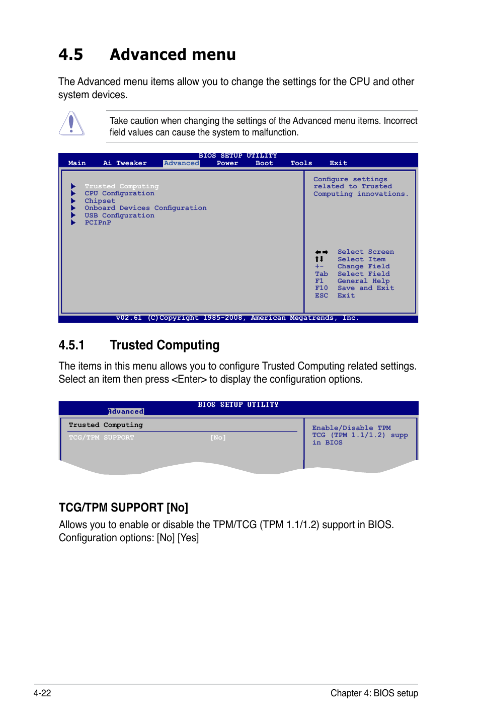 5 advanced menu, 1 trusted computing, Tcg/tpm support [no | Asus P5Q SE/R User Manual | Page 86 / 162