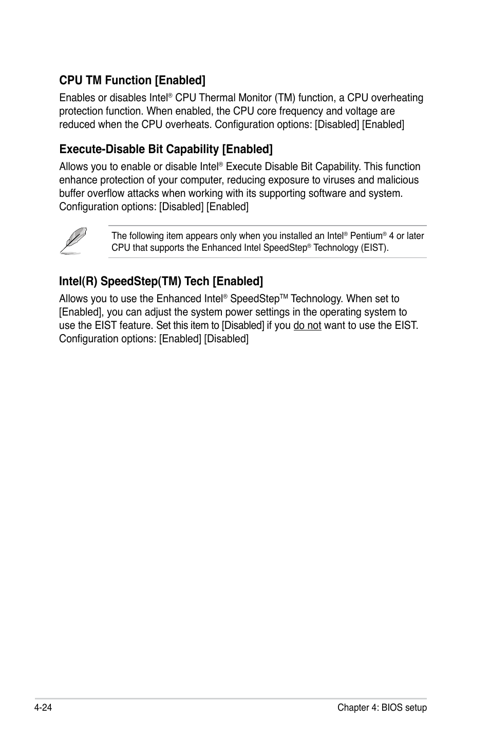 Intel(r) speedstep(tm) tech [enabled, Cpu tm function [enabled, Execute-disable bit capability [enabled | Asus P5Q SE/R User Manual | Page 88 / 162