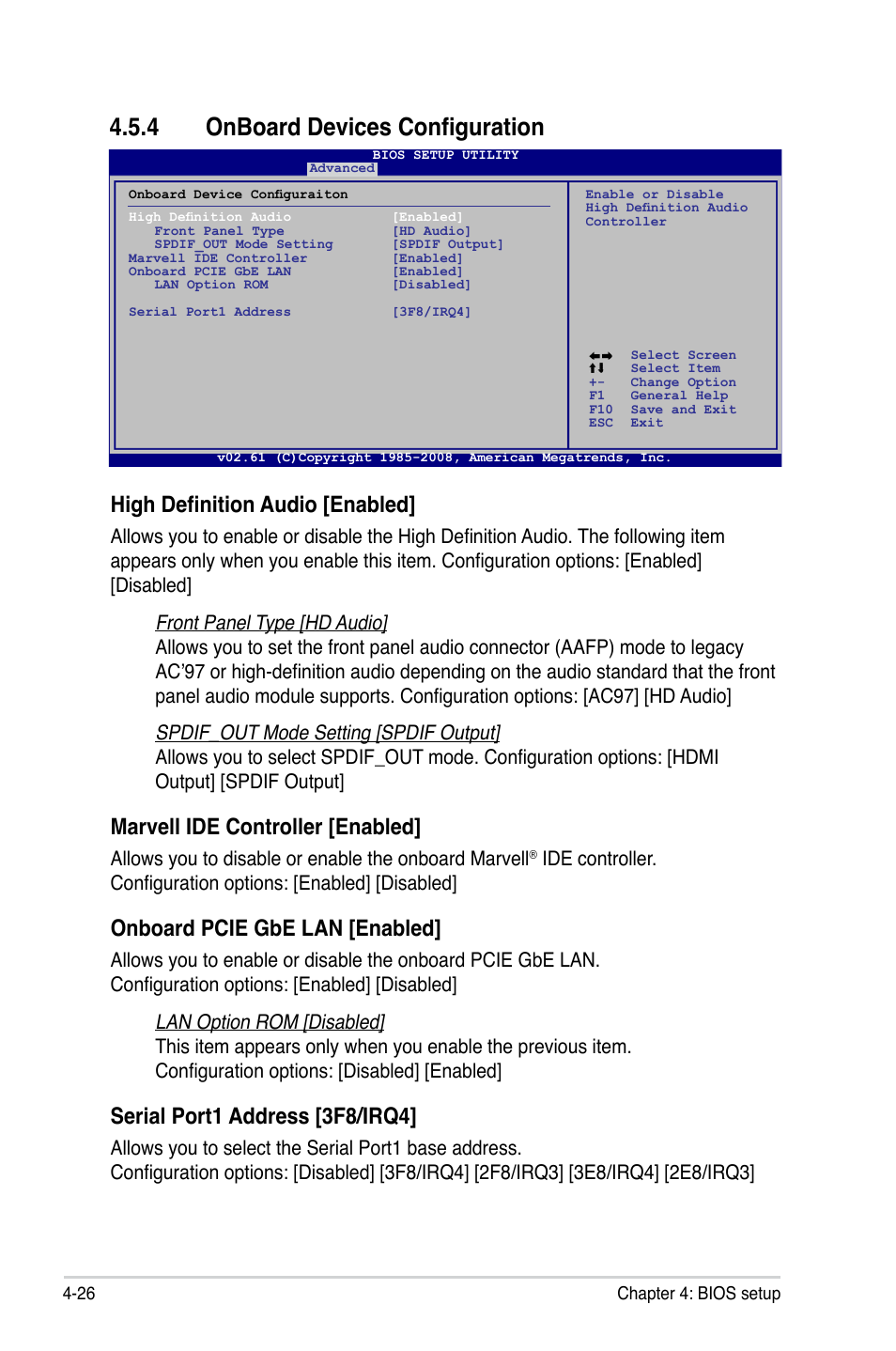 4 onboard devices configuration, High definition audio [enabled, Marvell ide controller [enabled | Onboard pcie gbe lan [enabled, Serial port1 address [3f8/irq4 | Asus P5Q SE/R User Manual | Page 90 / 162