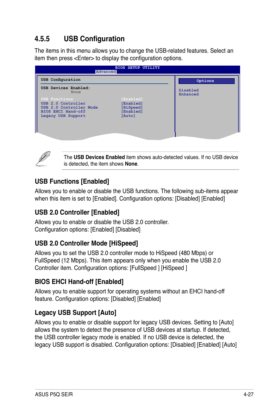 5 usb configuration, Usb functions [enabled, Usb 2.0 controller [enabled | Usb 2.0 controller mode [hispeed, Bios ehci hand-off [enabled, Legacy usb support [auto | Asus P5Q SE/R User Manual | Page 91 / 162