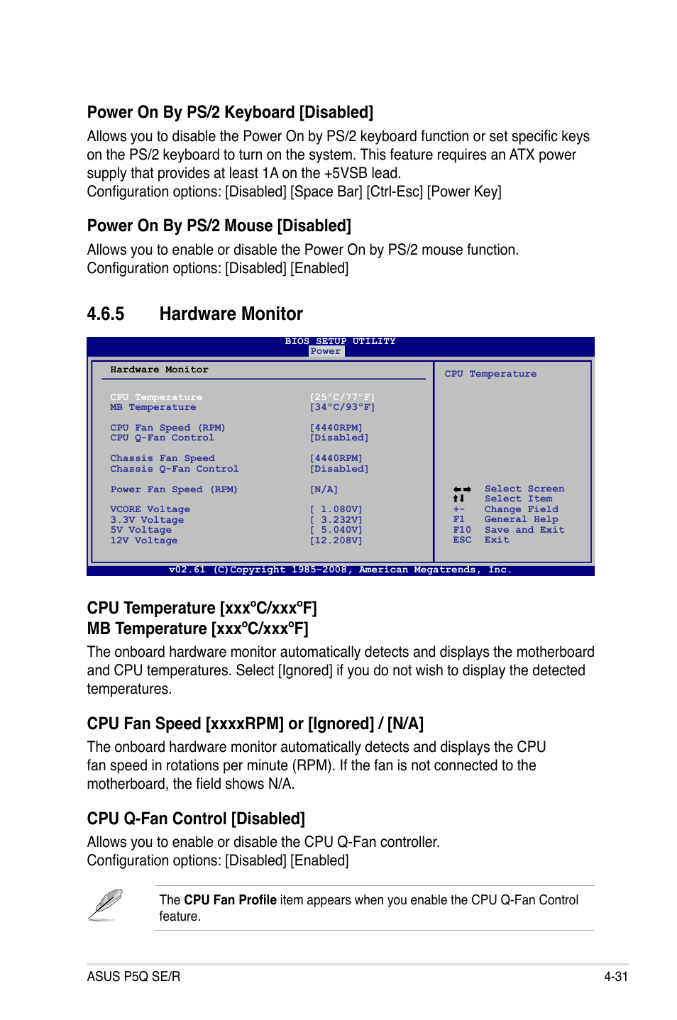 5 hardware monitor, Cpu q-fan control [disabled, Power on by ps/2 keyboard [disabled | Power on by ps/2 mouse [disabled | Asus P5Q SE/R User Manual | Page 95 / 162