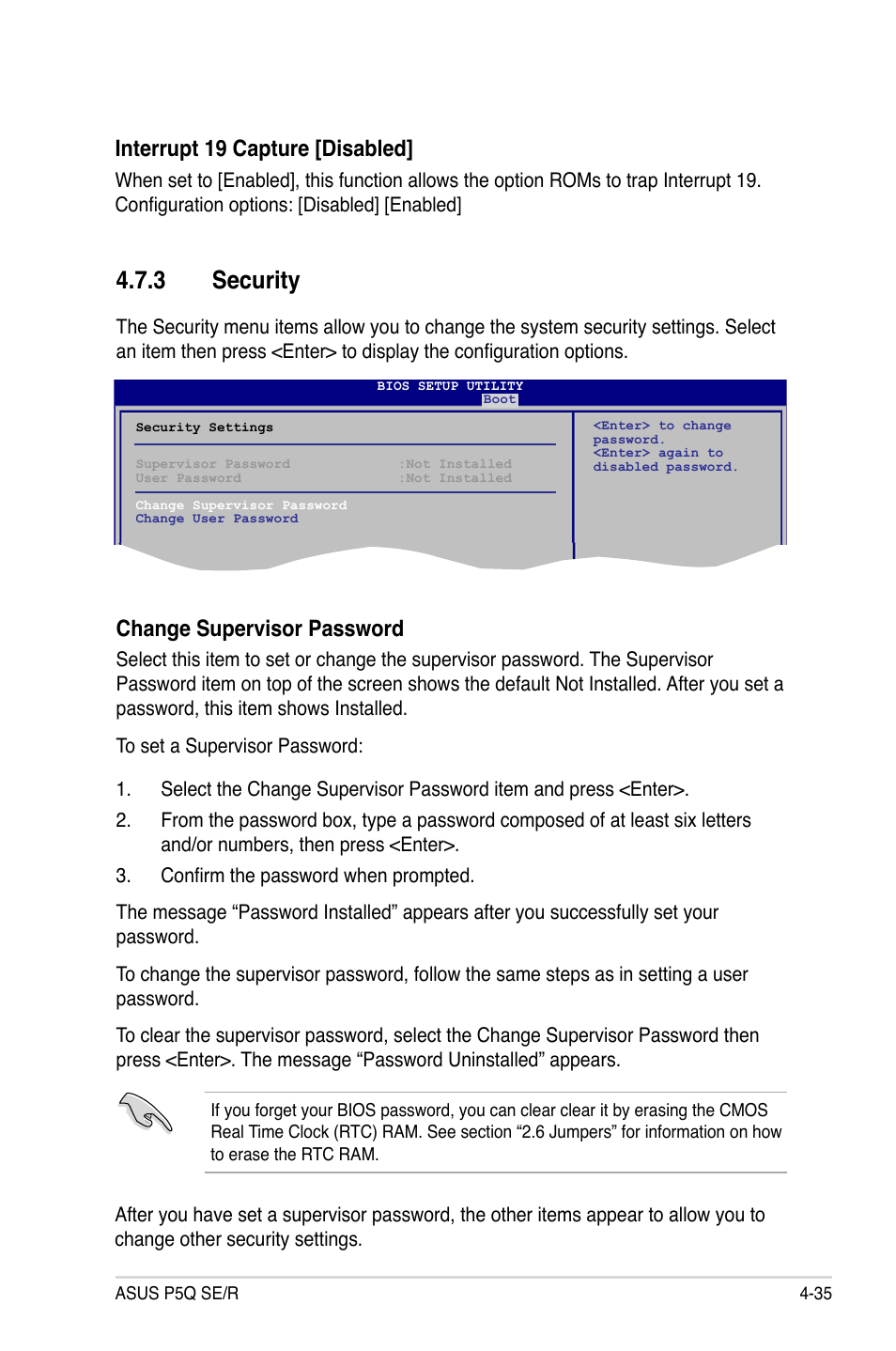 3 security, Change supervisor password, Interrupt 19 capture [disabled | Asus P5Q SE/R User Manual | Page 99 / 162