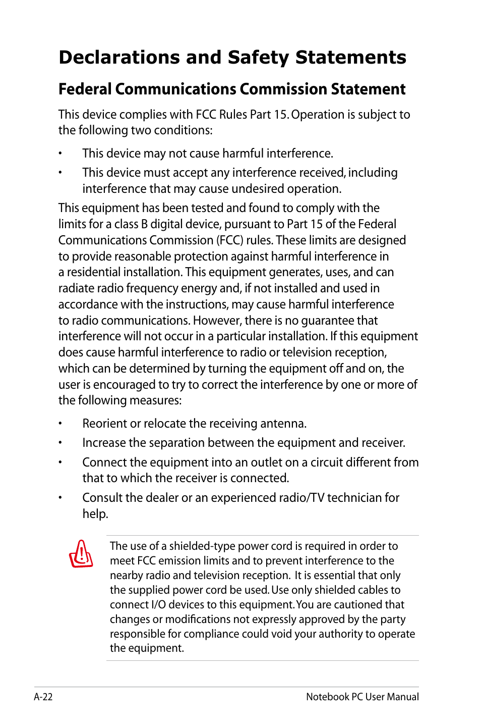 Declarations and safety statements, Federal communications commission statement | Asus B53V User Manual | Page 102 / 120