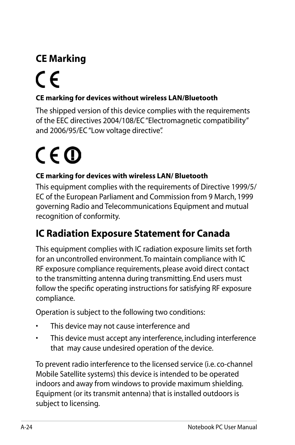 Ce marking, Ic radiation exposure statement for canada | Asus B53V User Manual | Page 104 / 120