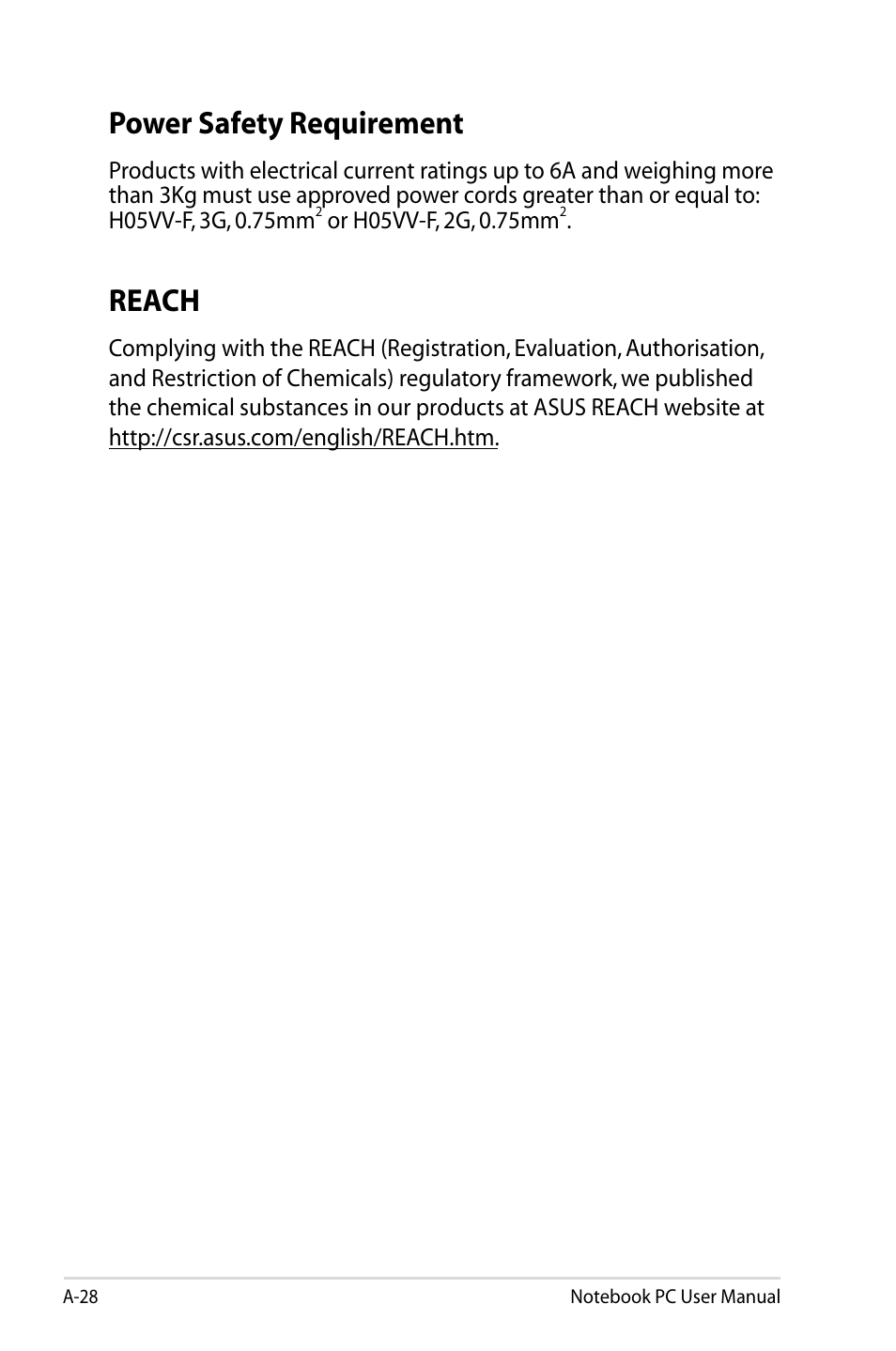 Power safety requirement, Reach | Asus B53V User Manual | Page 108 / 120