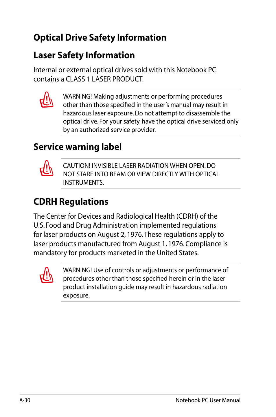 Optical drive safety information, Laser safety information, Service warning label | Cdrh regulations | Asus B53V User Manual | Page 110 / 120