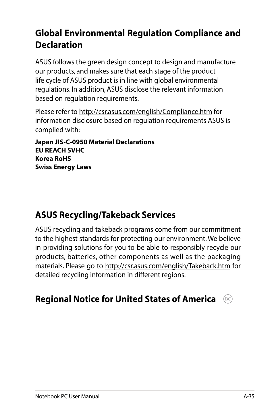 Asus recycling/takeback services, Regional notice for united states of america | Asus B53V User Manual | Page 115 / 120