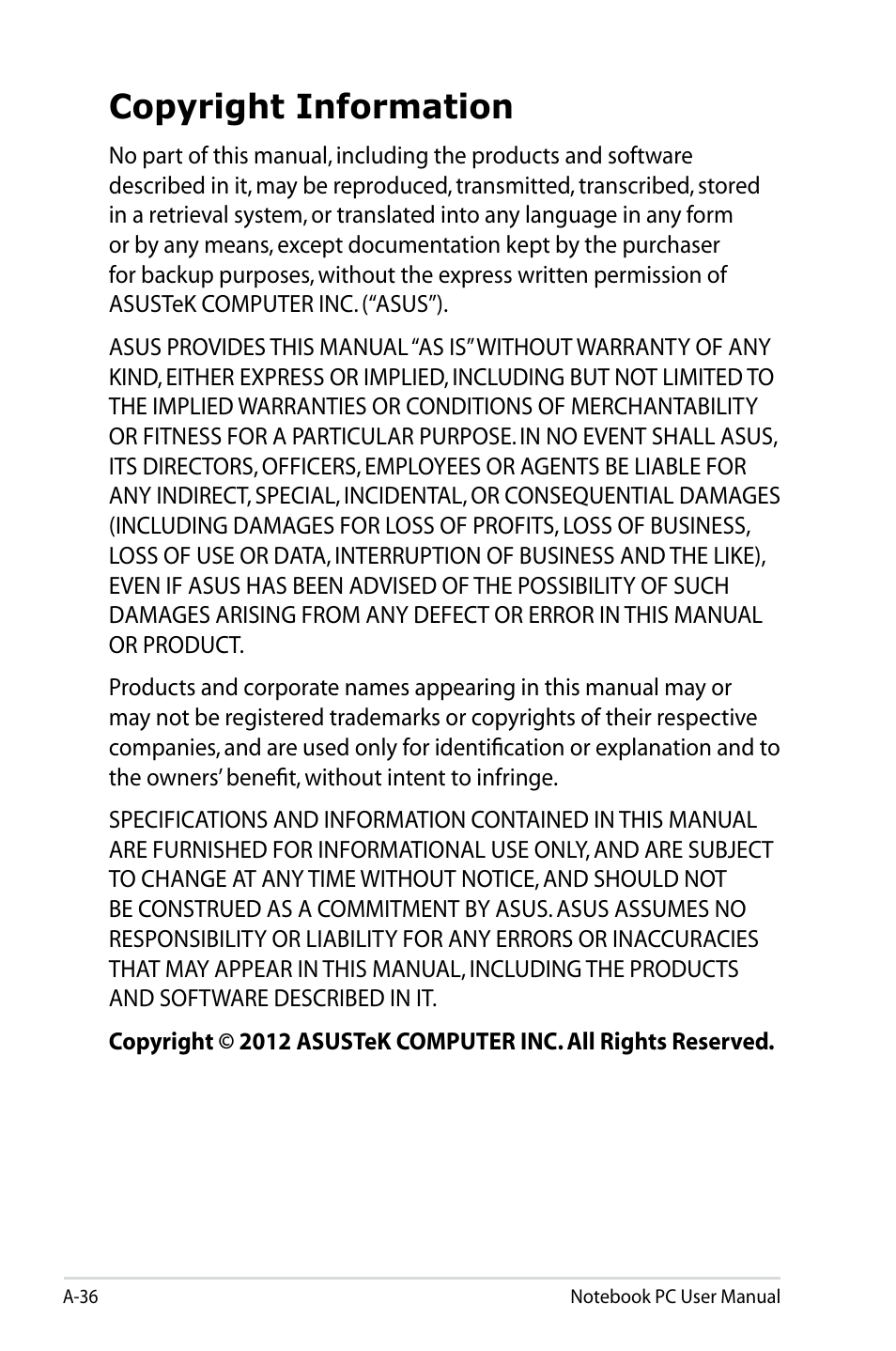 Copyright information | Asus B53V User Manual | Page 116 / 120