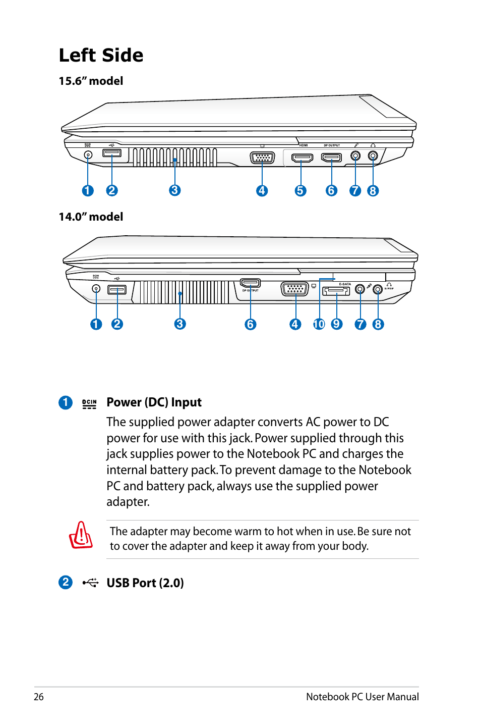 Left side, Usb port (2.0) | Asus B53V User Manual | Page 26 / 120