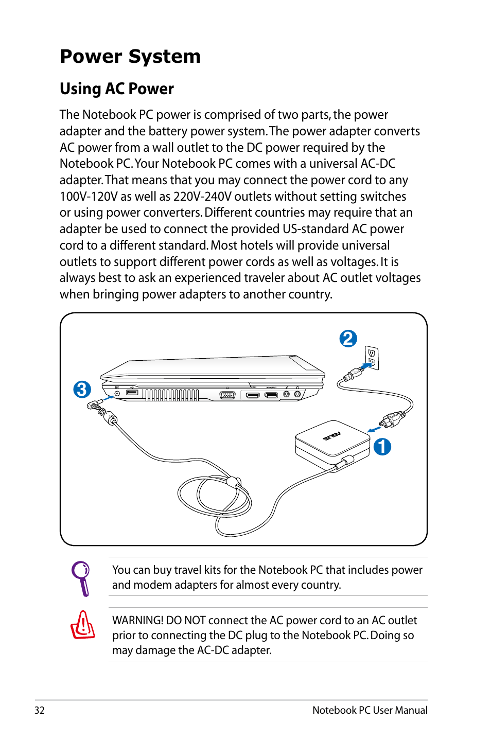 Power system, Using ac power | Asus B53V User Manual | Page 32 / 120