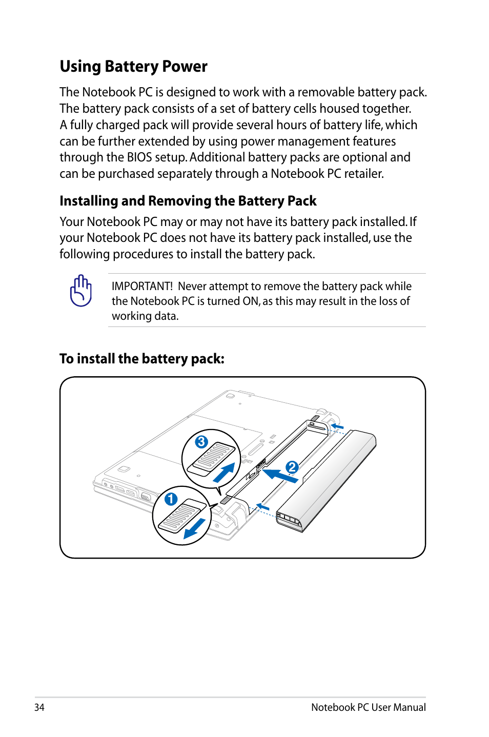 Using battery power | Asus B53V User Manual | Page 34 / 120