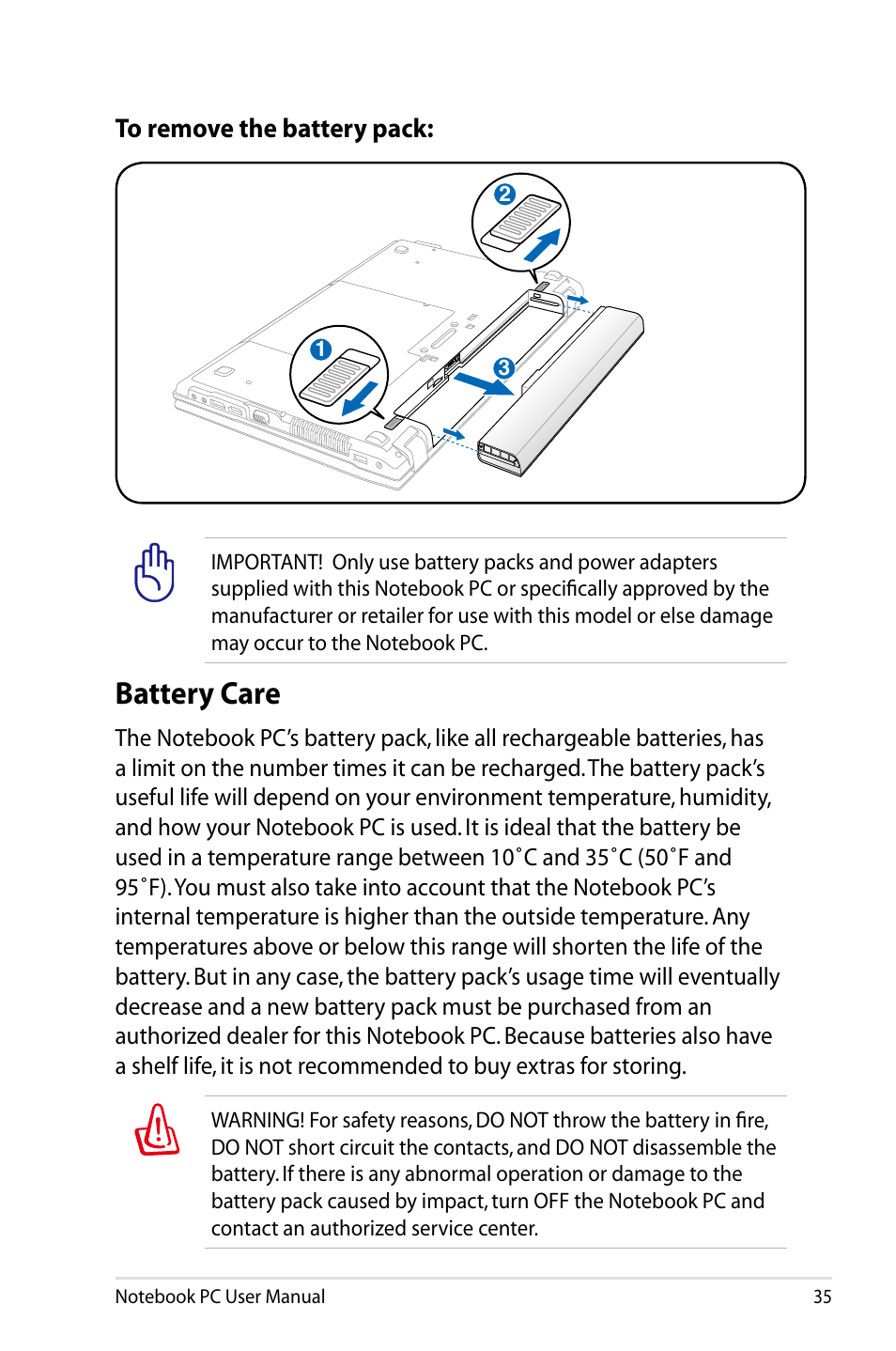 Battery care | Asus B53V User Manual | Page 35 / 120