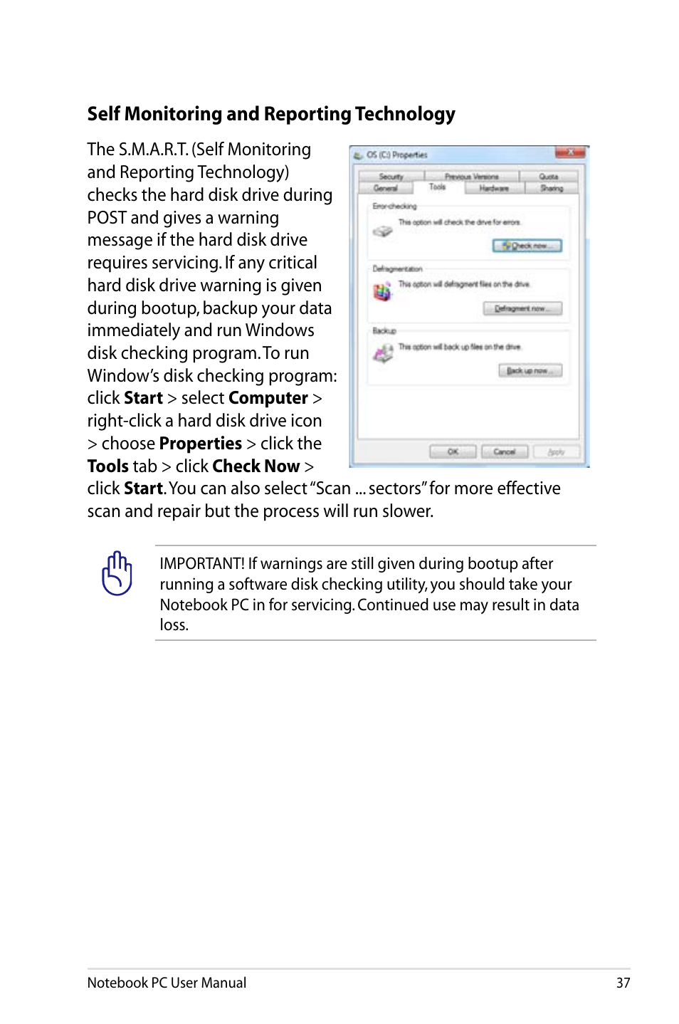 Self monitoring and reporting technology | Asus B53V User Manual | Page 37 / 120