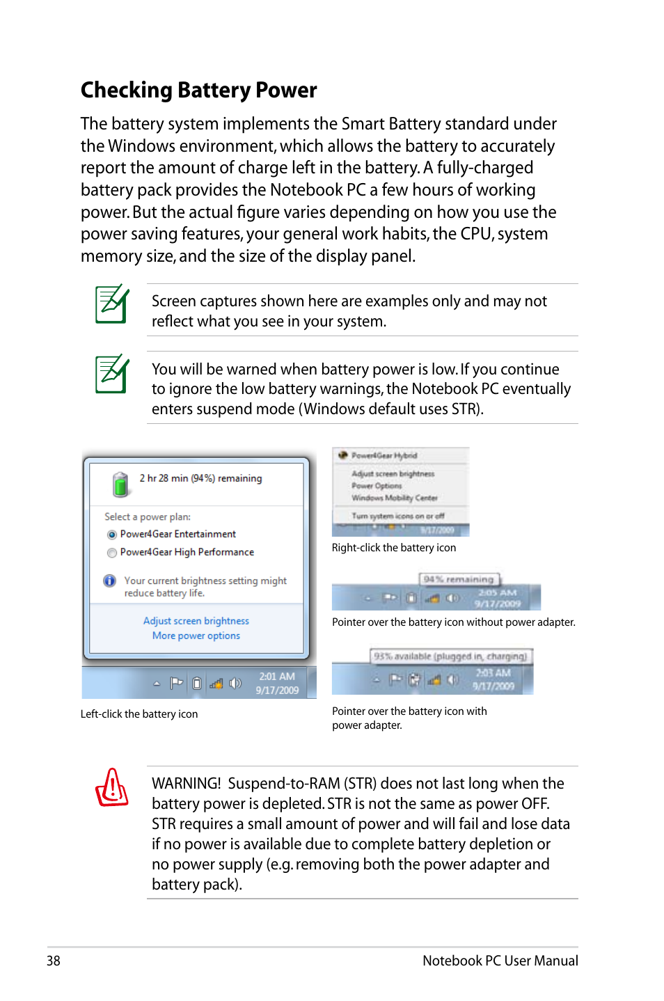 Checking battery power | Asus B53V User Manual | Page 38 / 120