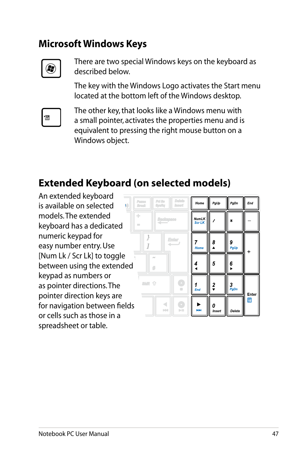 Microsoft windows keys, Extended keyboard (on selected models) | Asus B53V User Manual | Page 47 / 120