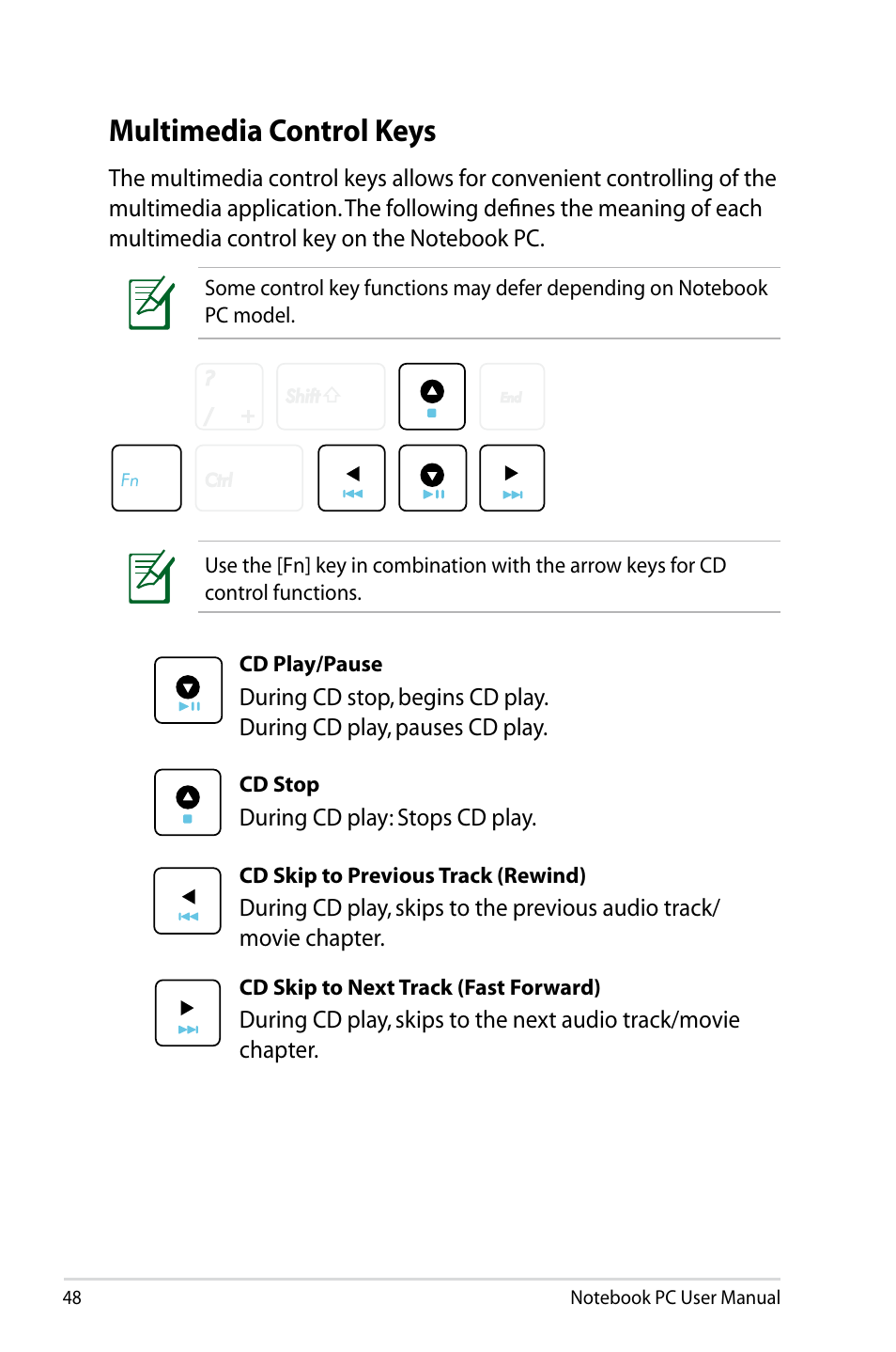 Multimedia control keys | Asus B53V User Manual | Page 48 / 120