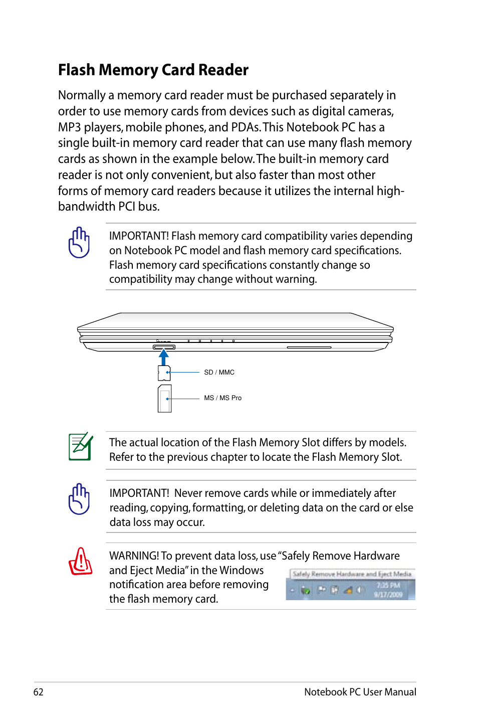 Flash memory card reader | Asus B53V User Manual | Page 62 / 120