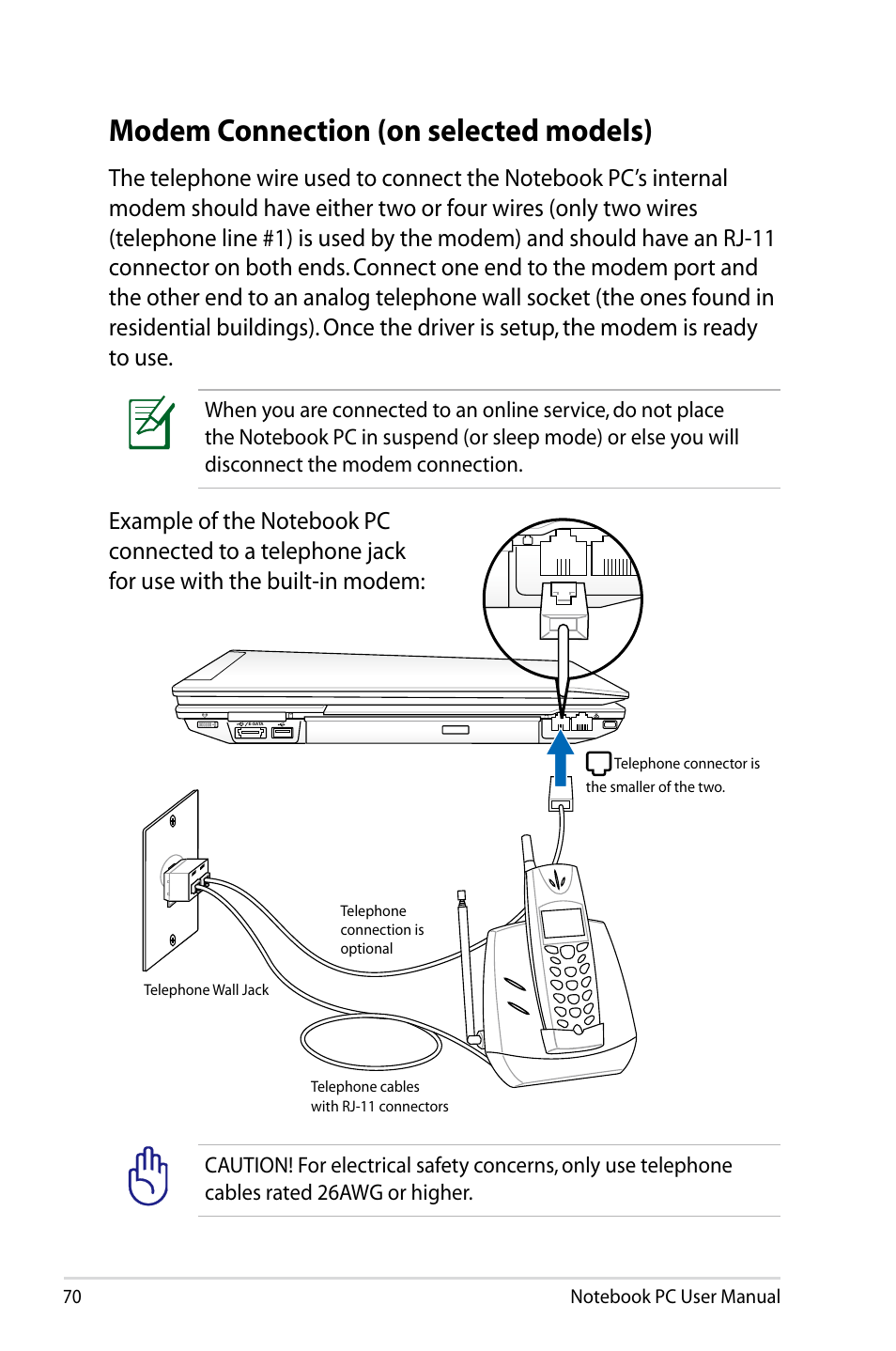 Modem connection (on selected models) | Asus B53V User Manual | Page 70 / 120