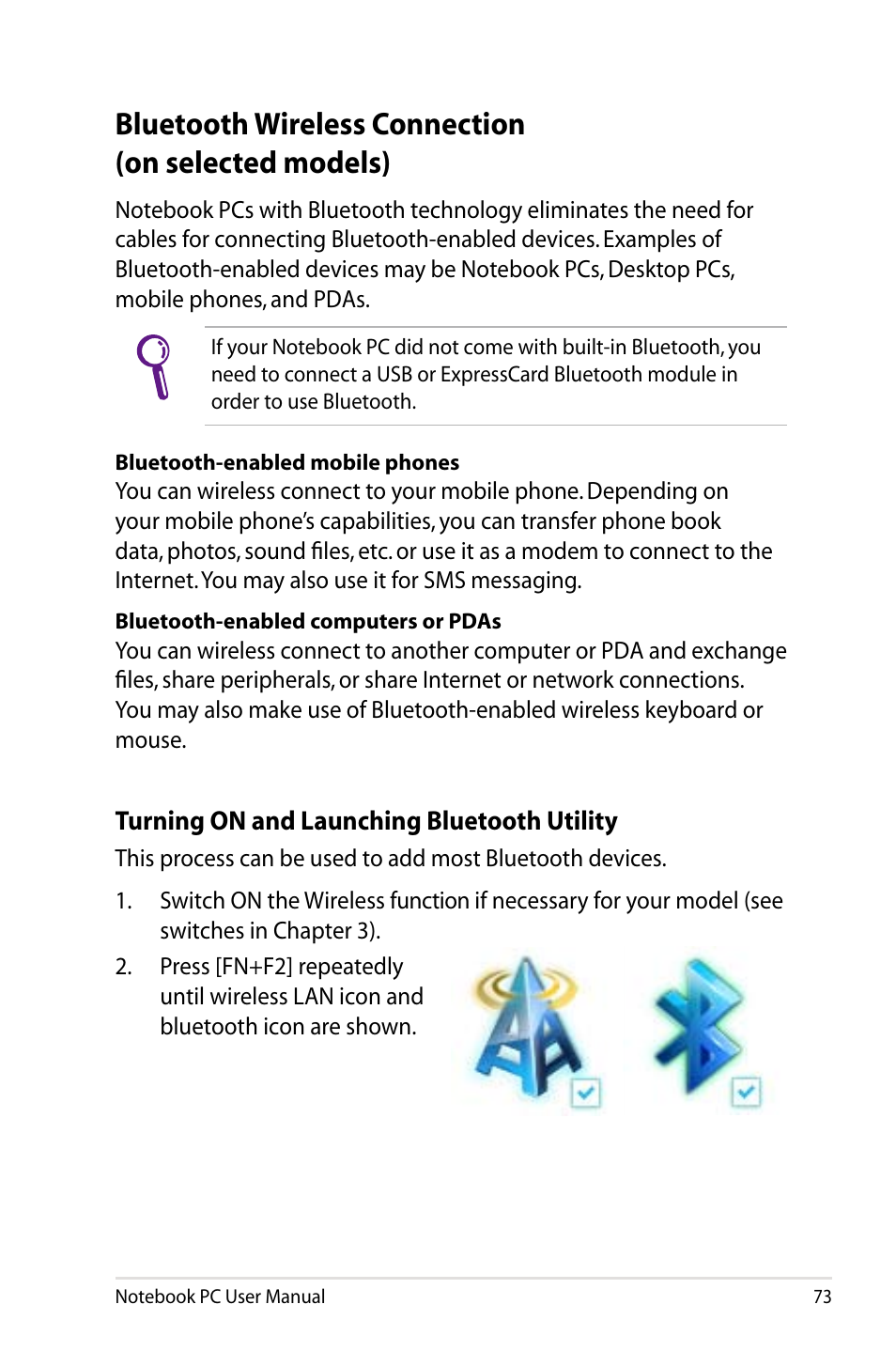 Bluetooth wireless connection(on selected models), Bluetooth wireless connection (on selected models) | Asus B53V User Manual | Page 73 / 120