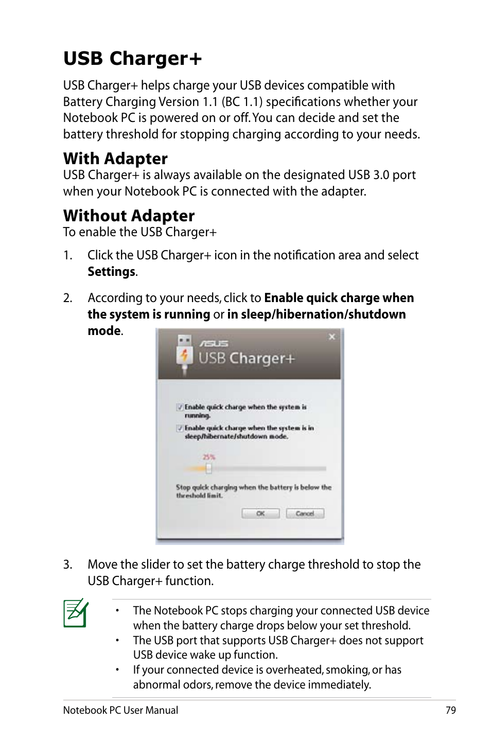 Usb charger, With adapter, Without adapter | Asus B53V User Manual | Page 79 / 120